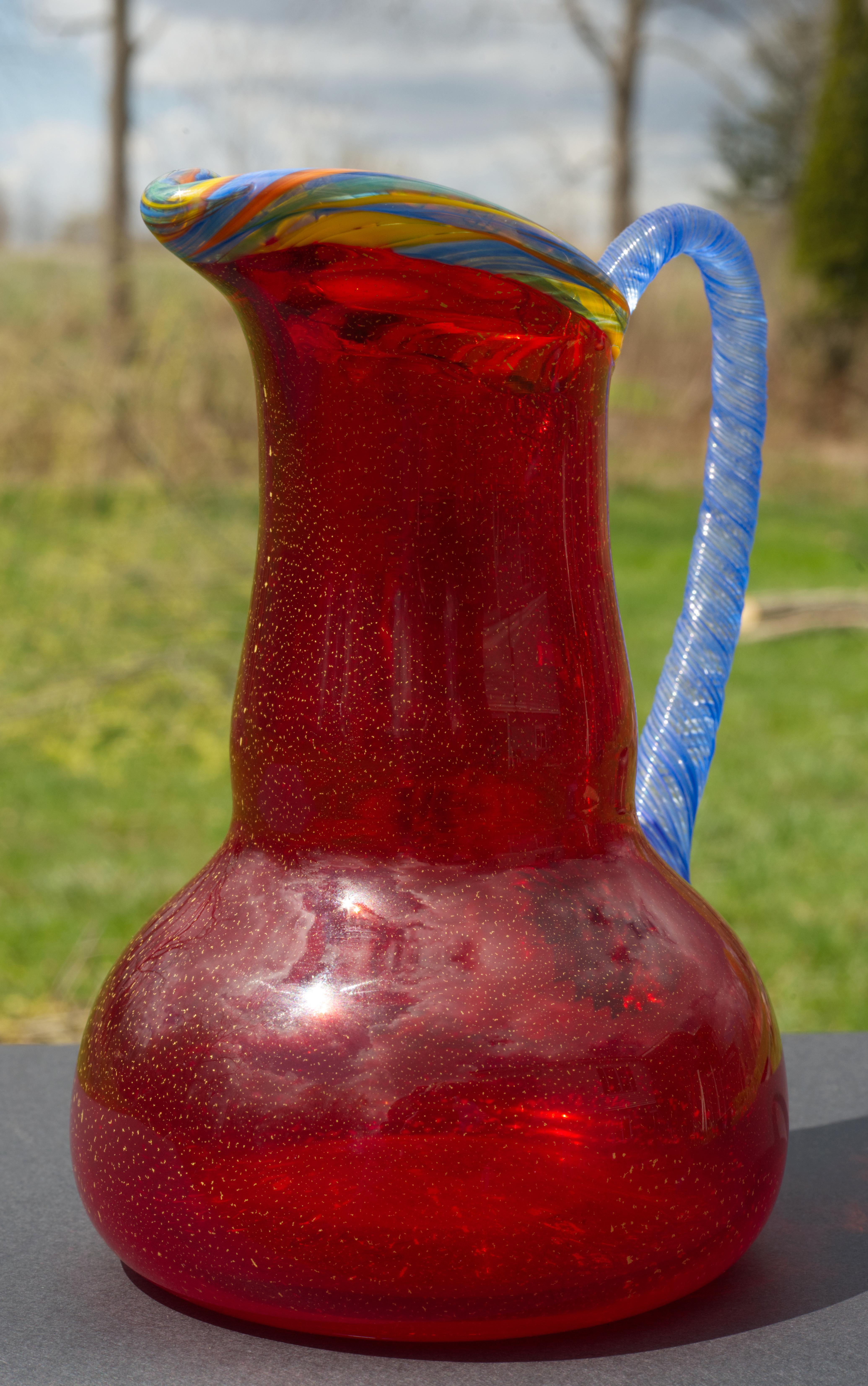 American Peter Secrest Art Studio Glass Vase Pitcher Red Gold Flakes Postmodern 2003 For Sale
