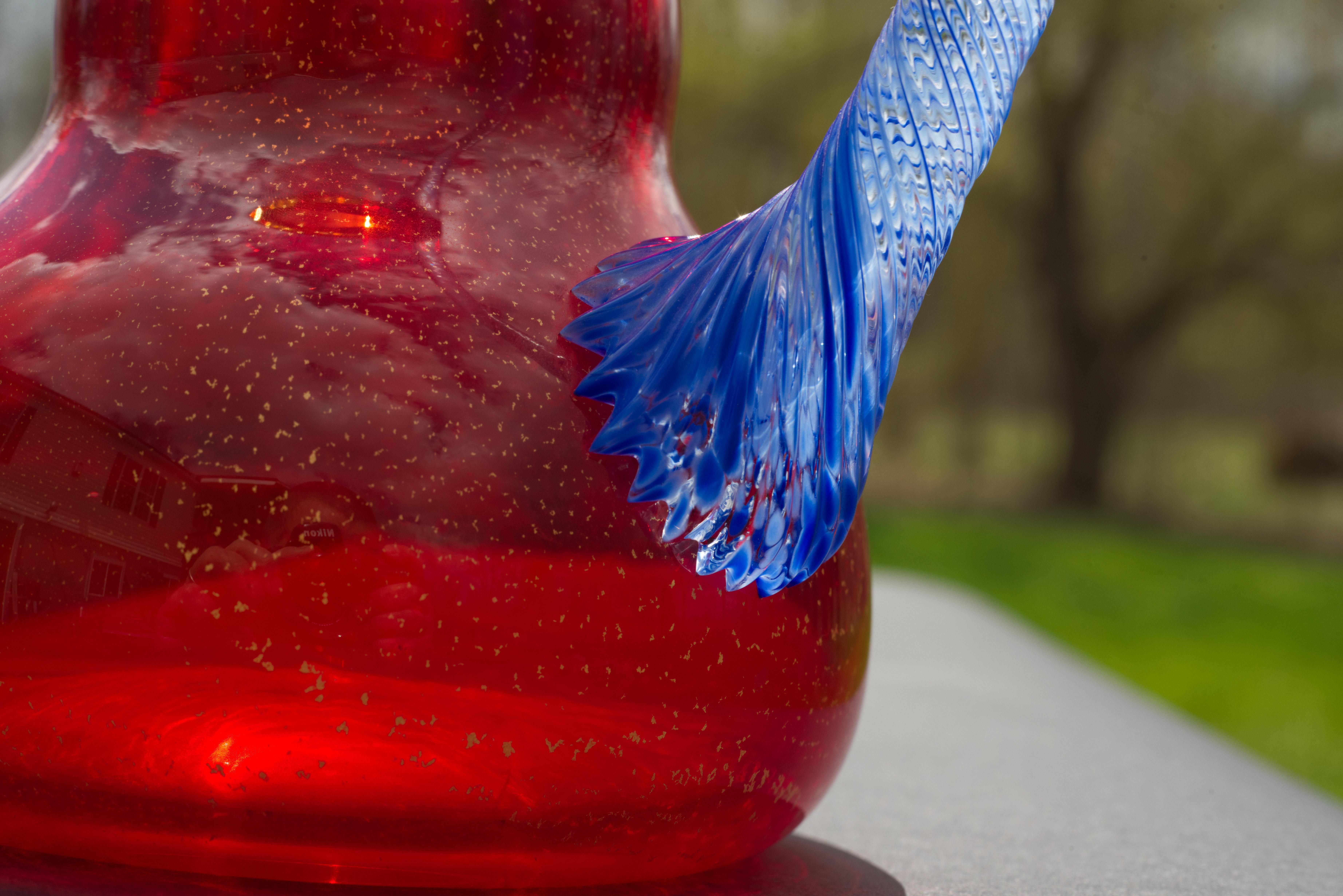 Contemporary Peter Secrest Art Glass Vase Pitcher Red Gold Flakes Postmodern 2003 For Sale