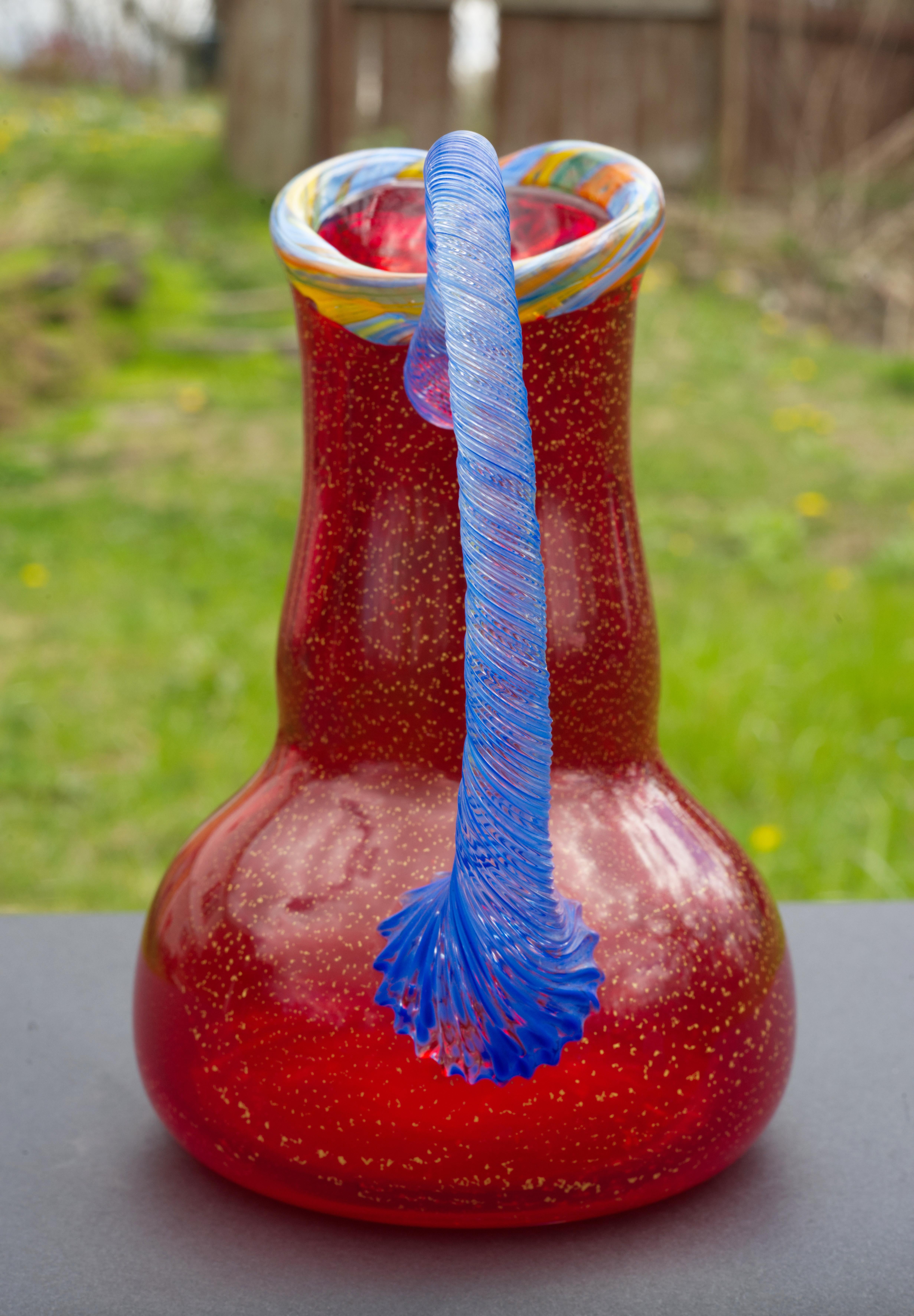 Peter Secrest Art Studio Glass Vase Pitcher Red Gold Flakes Postmodern 2003 For Sale 1
