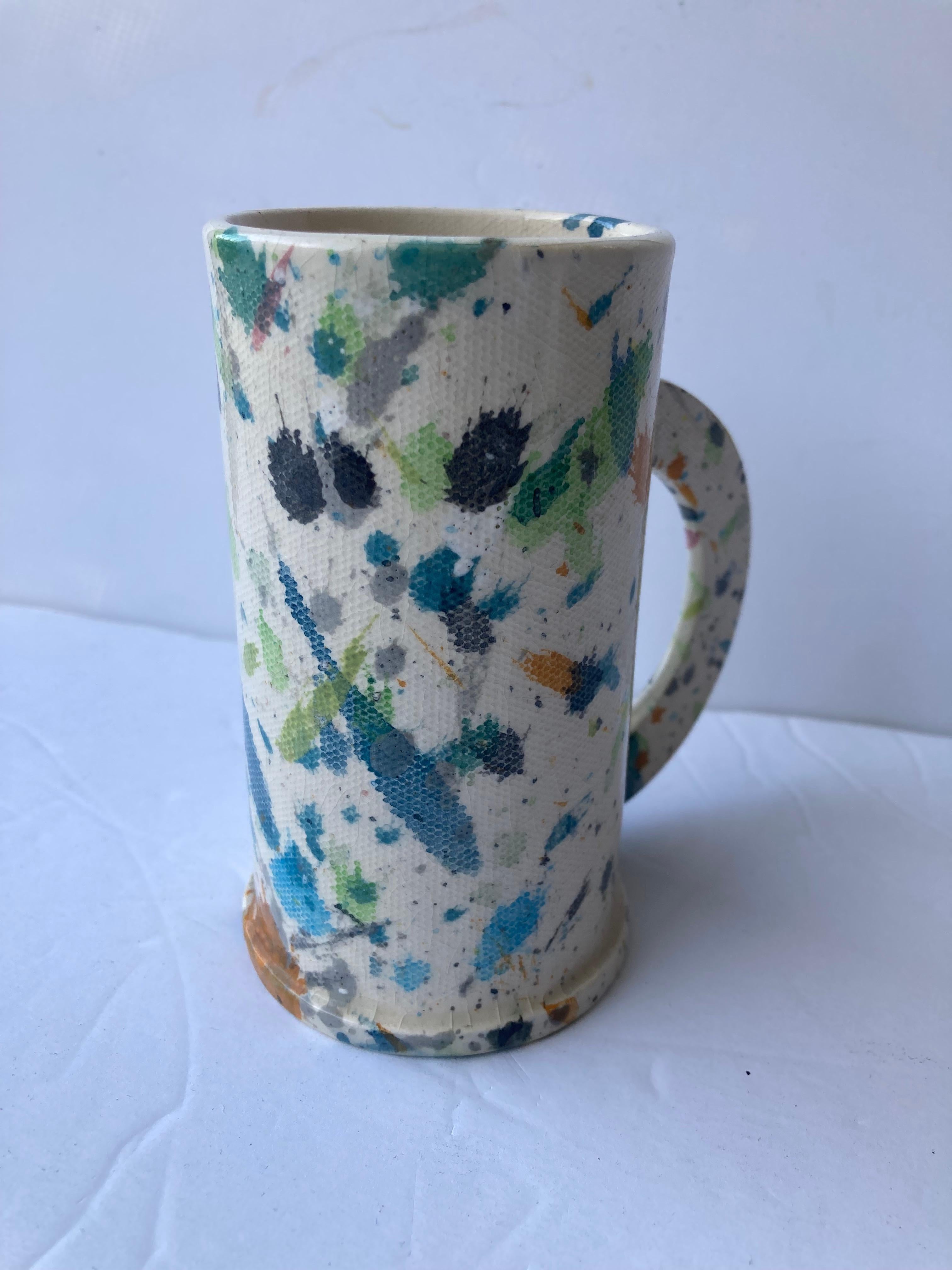 Here we have 2 ceramic cups, in splatter pattern. Both signed as shown, with EXP mark. You can buy them both, or to pick big handle or small handle, at list $ 250.00 each, for the well known Los Angeles artist Peter Shire.