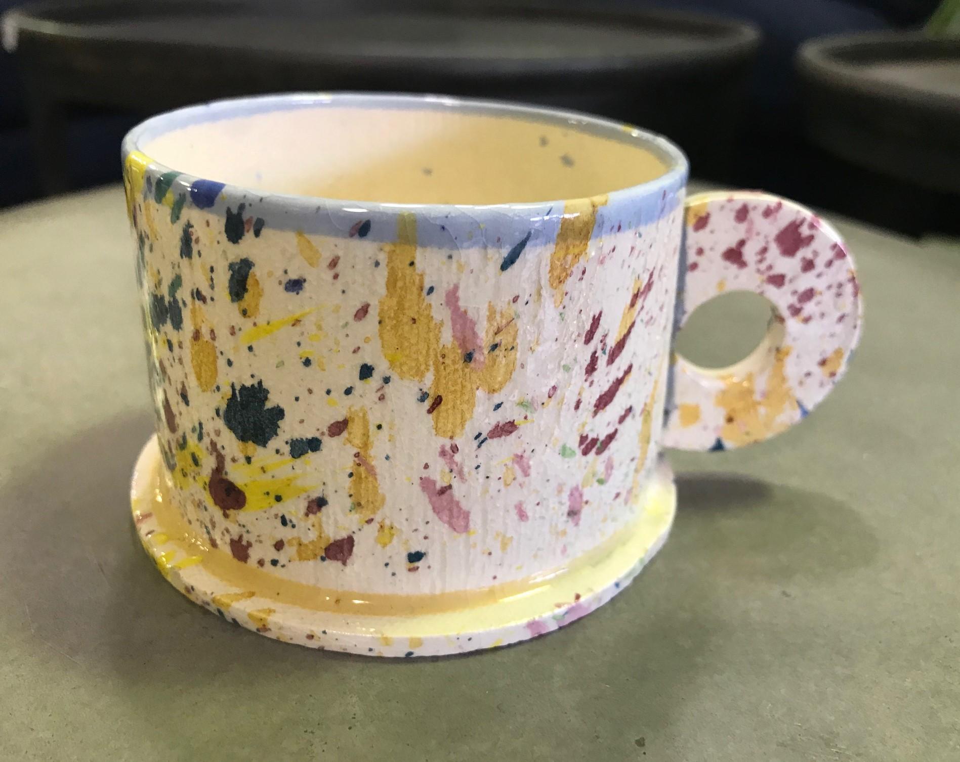 Post-Modern Peter Shire EXP Signed Ceramic Pottery Splatter Mug Cup Sculpture, Early 1980s