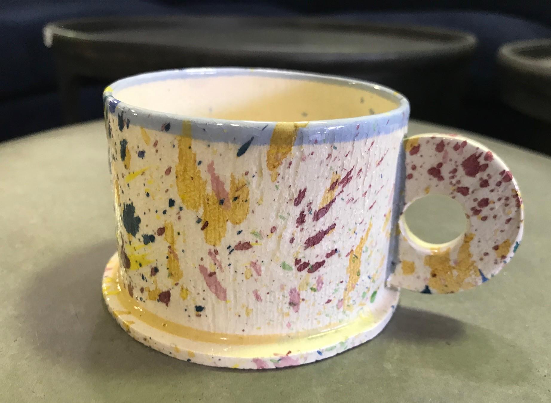 American Peter Shire EXP Signed Ceramic Pottery Splatter Mug Cup Sculpture, Early 1980s