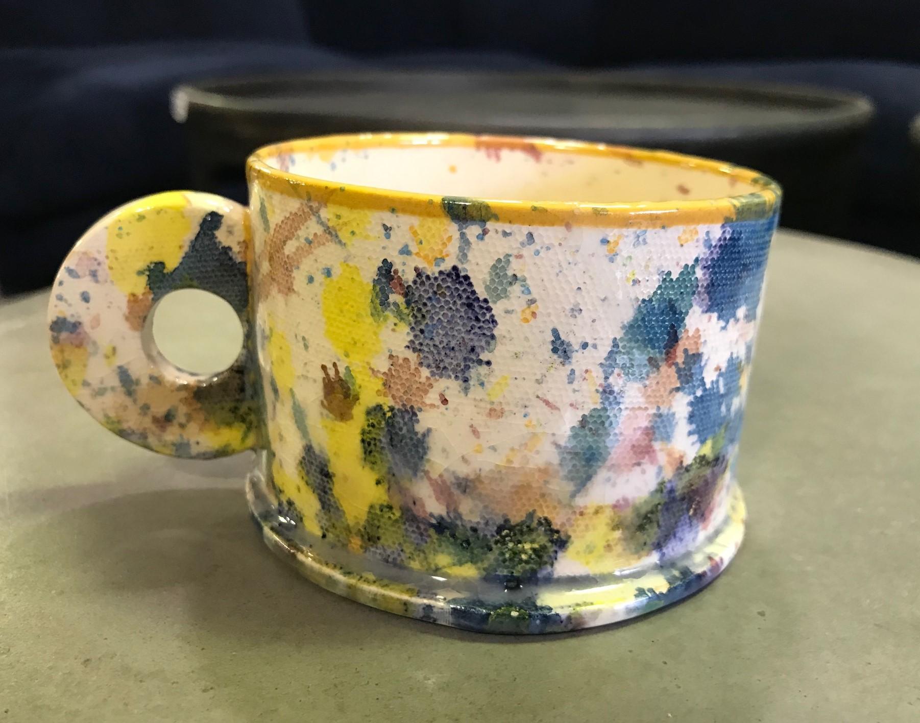 Hand-Crafted Peter Shire EXP Signed Ceramic Pottery Splatter Mug Cup Sculpture, Early 1980s