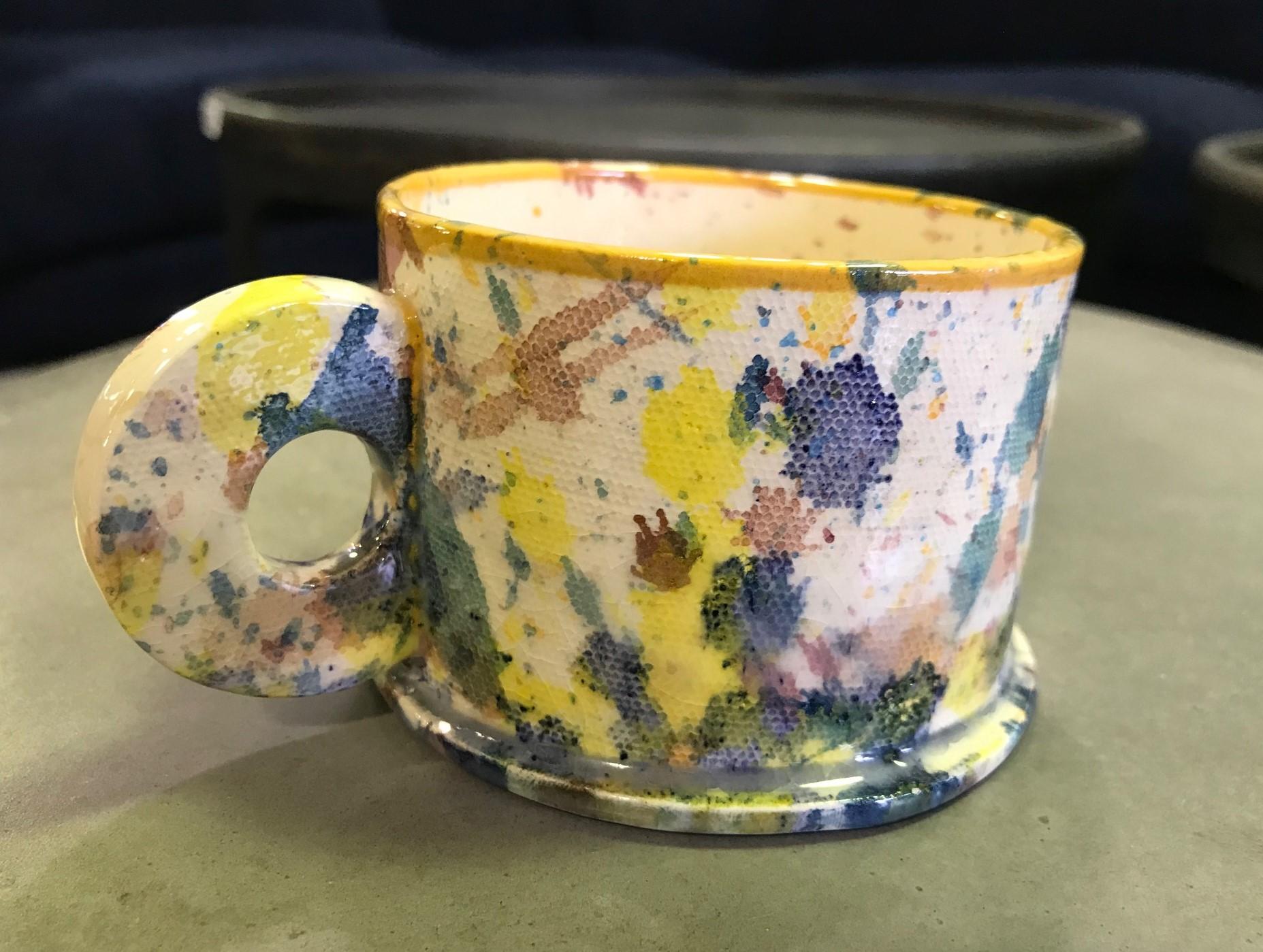 Peter Shire EXP Signed Ceramic Pottery Splatter Mug Cup Sculpture, Early 1980s In Good Condition In Studio City, CA