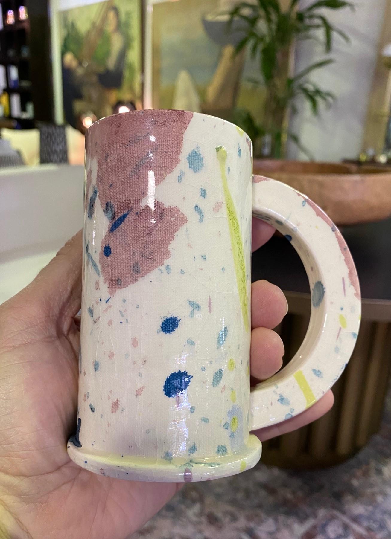 Late 20th Century Peter Shire Exp Signed Ceramic Pottery Splatter Tall Mug Sculpture, Dated 1981 For Sale