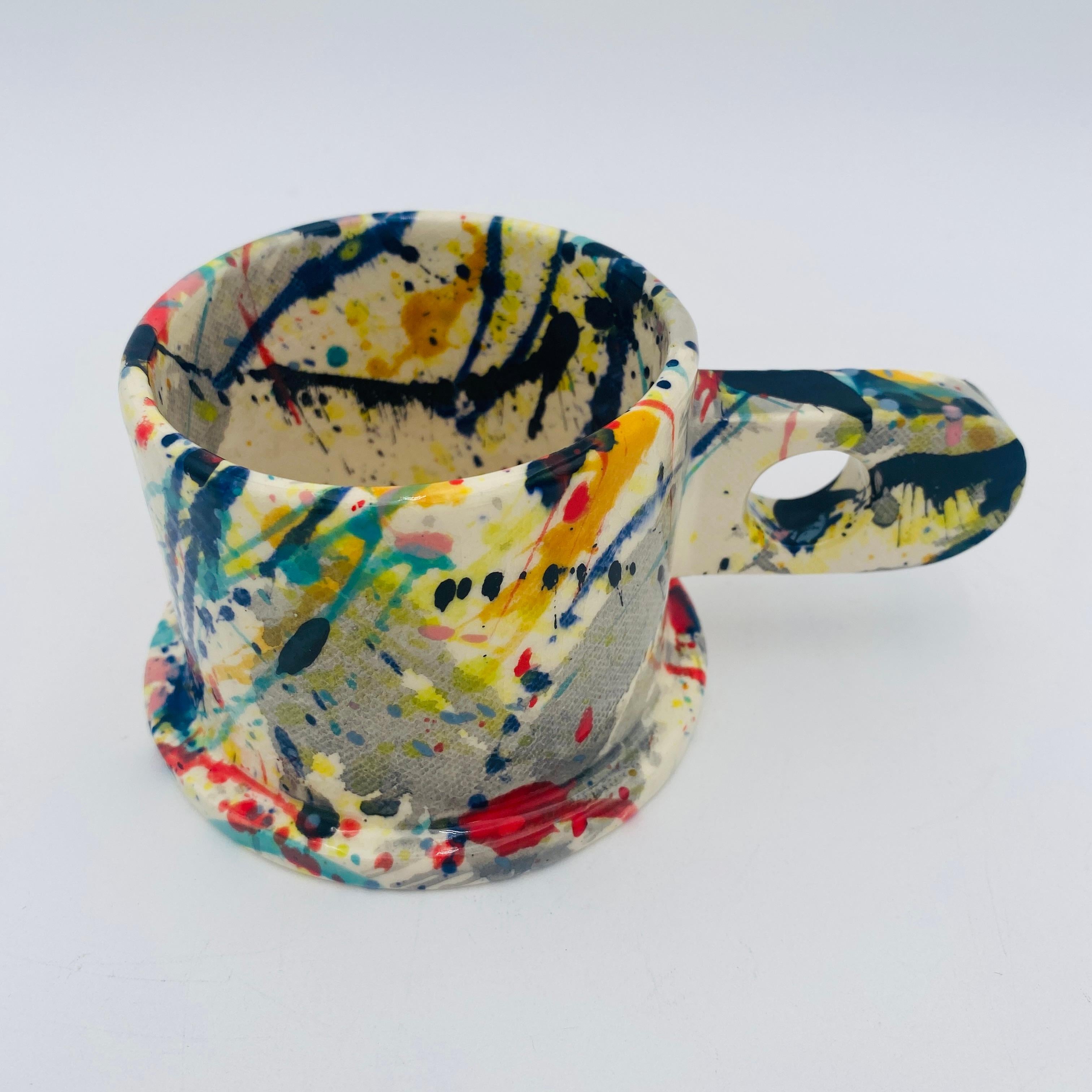 Peter Shire Pair of Memphis Milano Ceramic Splatter Mugs For Sale 3