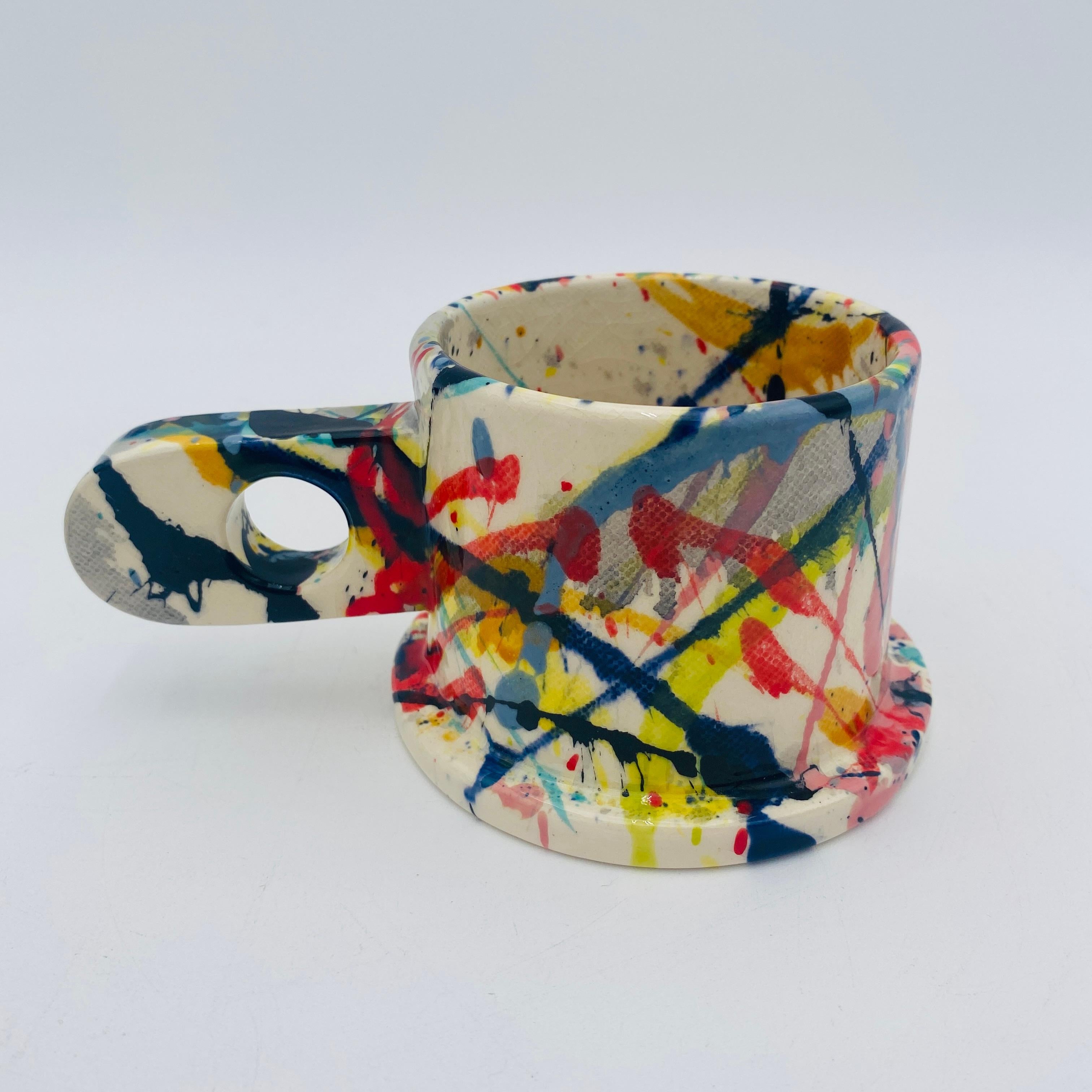 Peter Shire Pair of Memphis Milano Ceramic Splatter Mugs For Sale 4