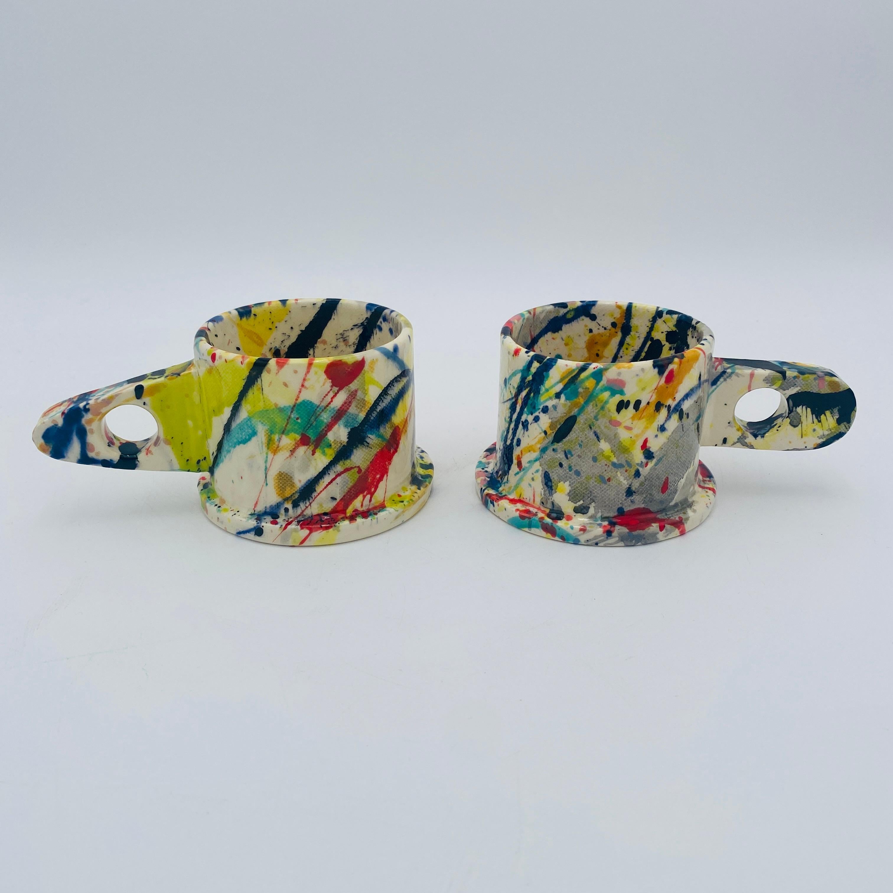 Peter Shire Pair of Memphis Milano Ceramic Splatter Mugs For Sale 5