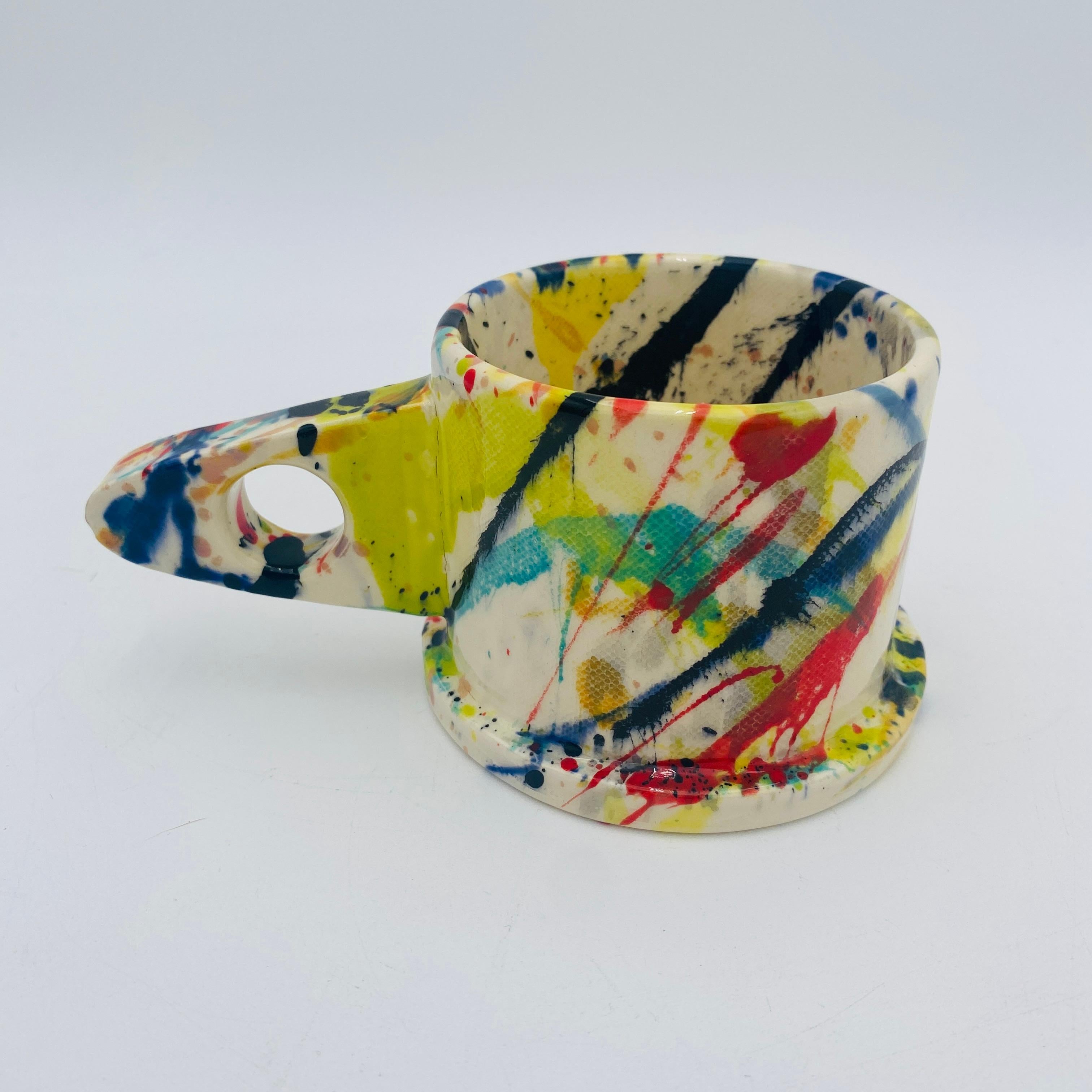 Peter Shire Pair of Memphis Milano Ceramic Splatter Mugs For Sale 1