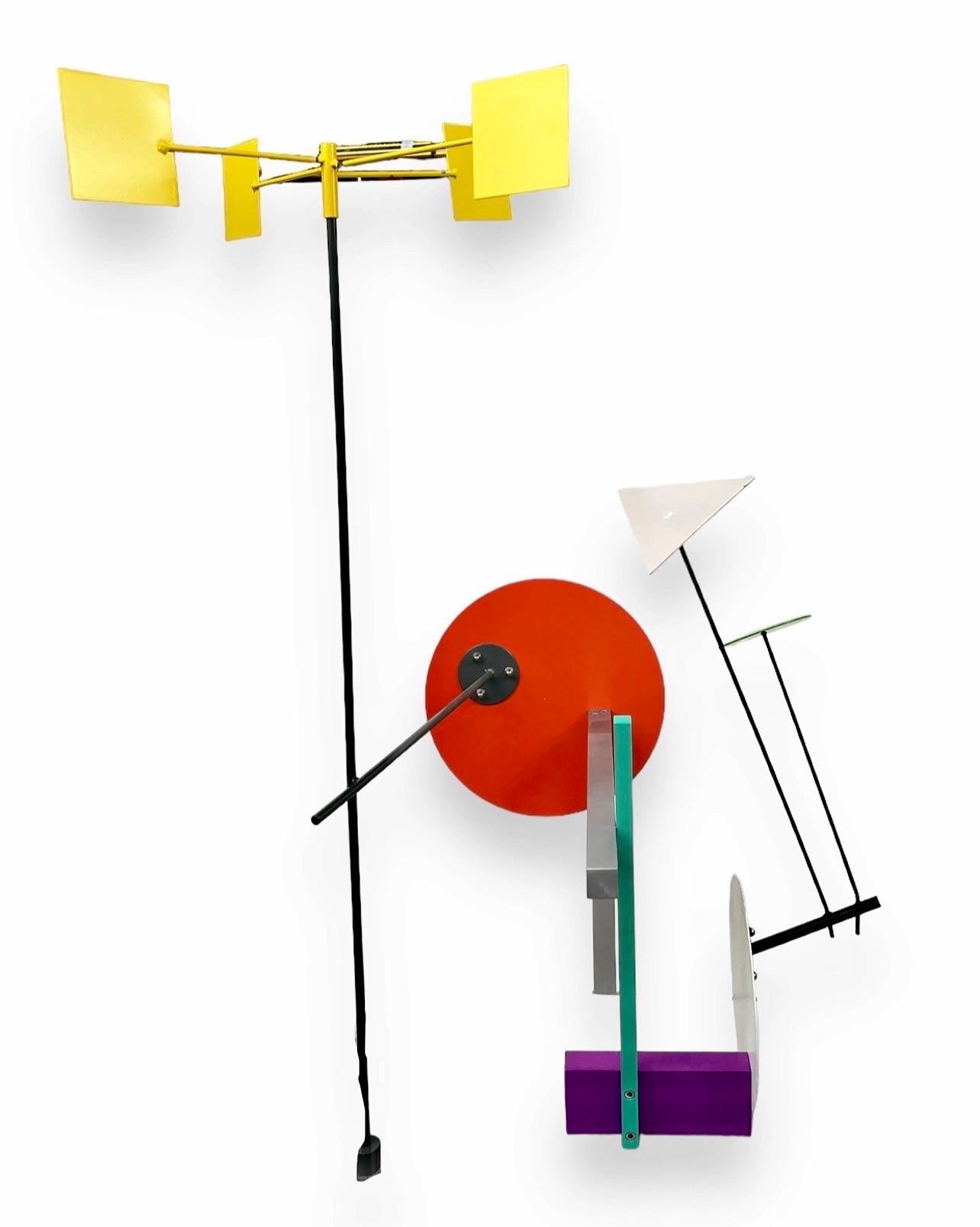 Peter Shire
Night Studio, 1989 
Welded steel and aluminum metal sculpture with anodizing and two-part polyester painting, 
Movable kinetic Elements: yellow vane
27 1/4" tall, 18" wide, and 15" deep.
Edition of 24 (not sure if they were all produced,