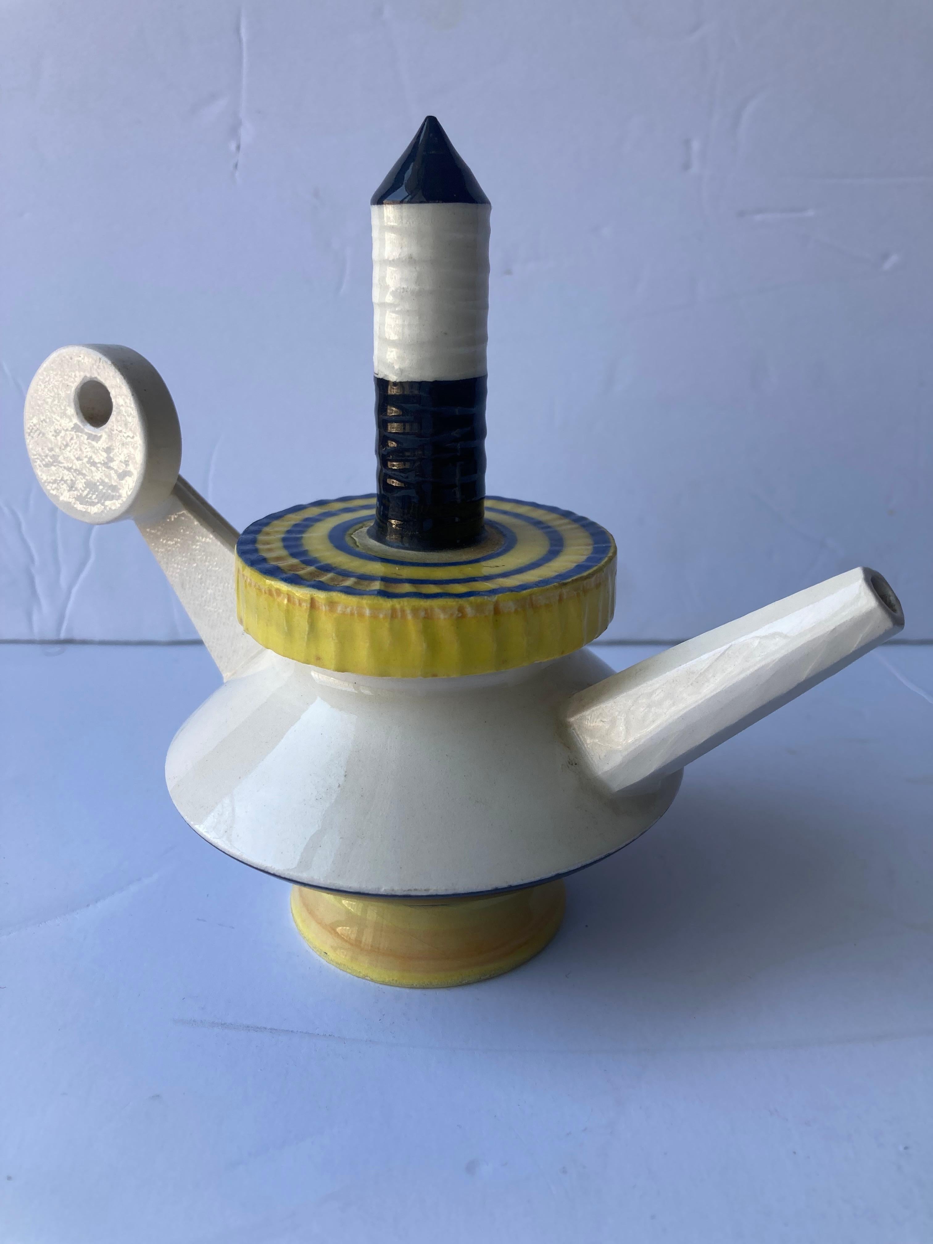 Beautiful post modern , Memphis style ceramic teapot for the well artist Peter Shire , signed EXP 1999 . He is known for the teapots .