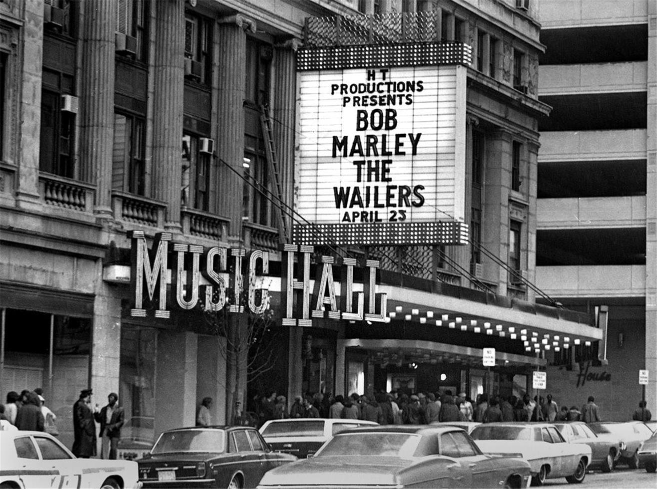 Peter Simon Black and White Photograph - Bob Marley and The Wailers, Music Hall Exterior, Boston, MA, 1976