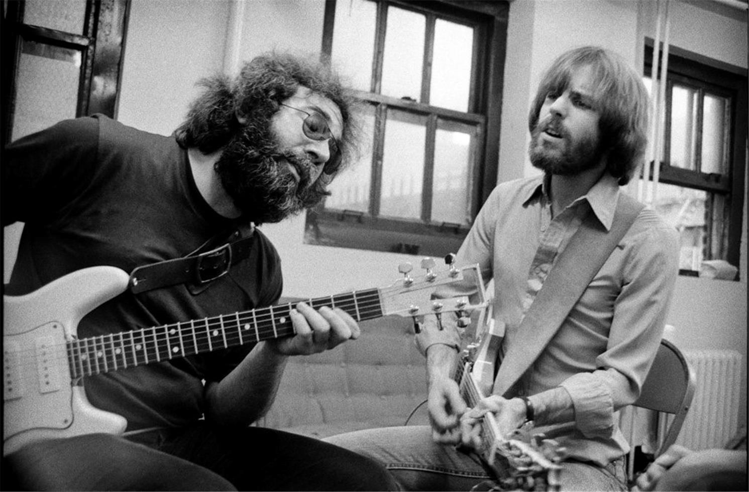 Peter Simon Black and White Photograph - Jerry Garcia and Bob Weir, Grateful Dead, NY, 1972