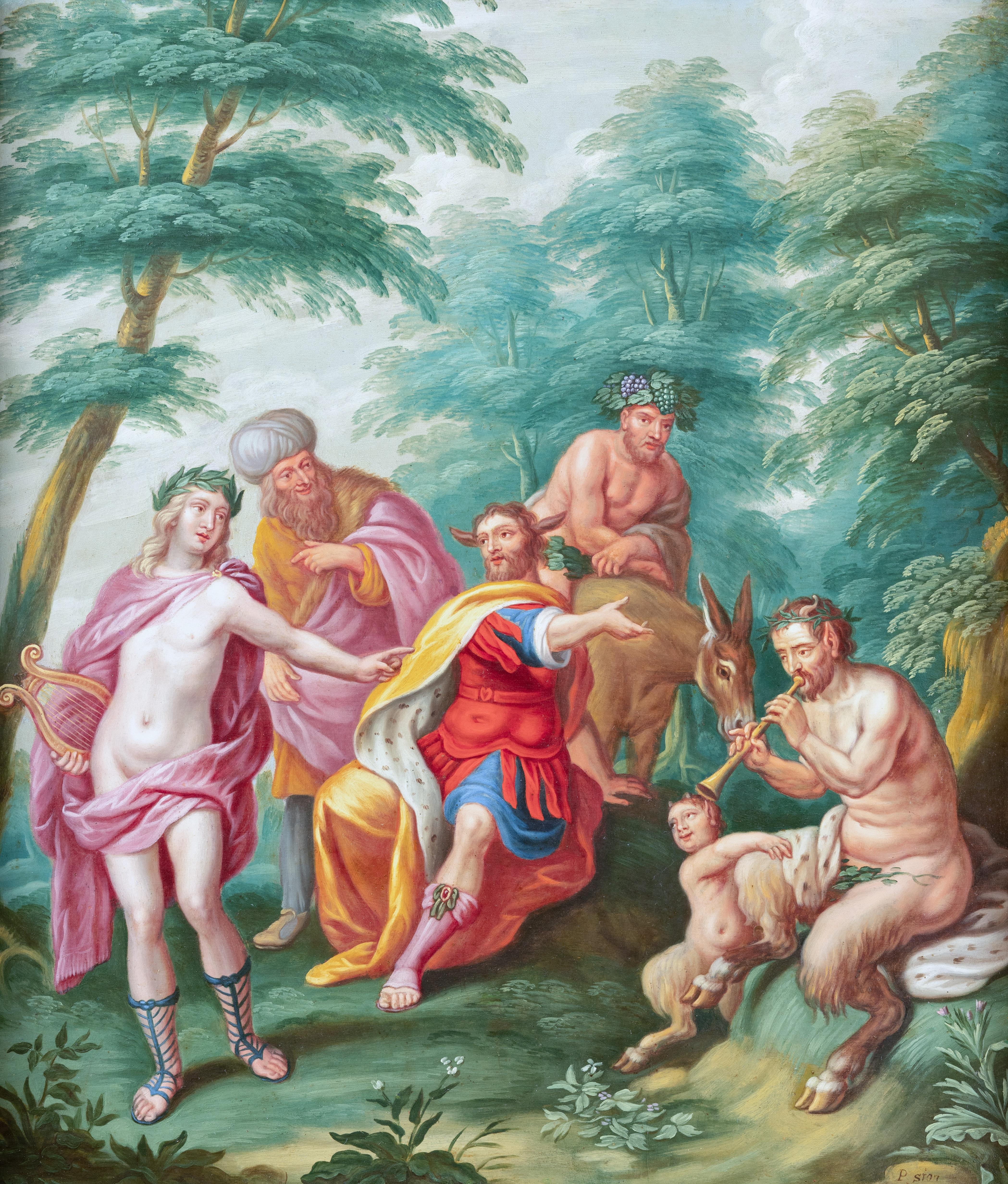 The Musical Contest between Apollo and Marsyas, signed P. Sion, Antwerp 17th c. - Painting by Peter Sion