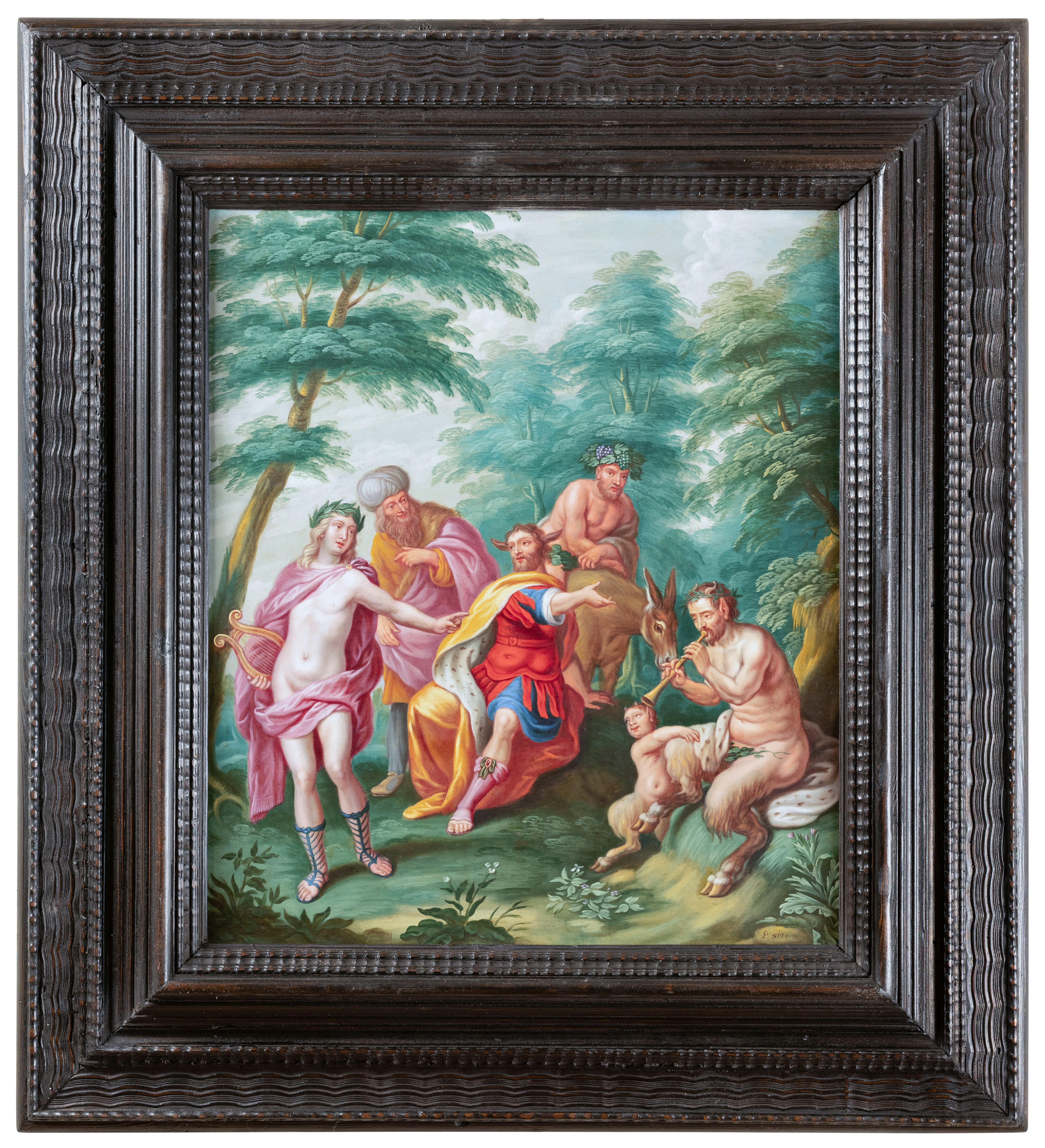 El concurso musical entre Apolo y Marsyas, firmado P. Sion, Amberes s. XVII.