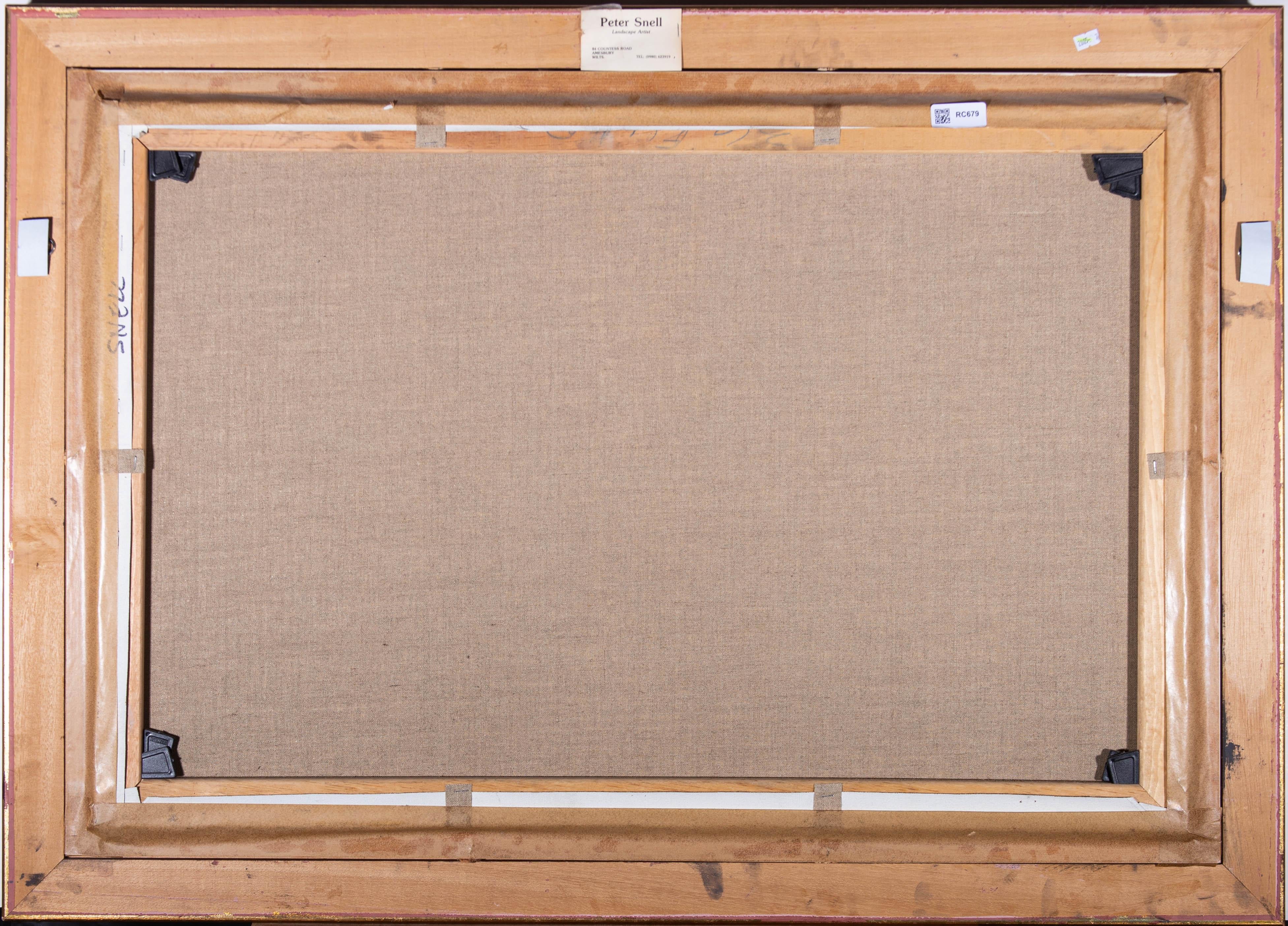 A landscape depicting a calm river winding through the countryside. Presented in a gilt-effect wooden frame with a canvas slip. Signed to the lower-left edge. Artist's label verso. On canvas on stretchers.
