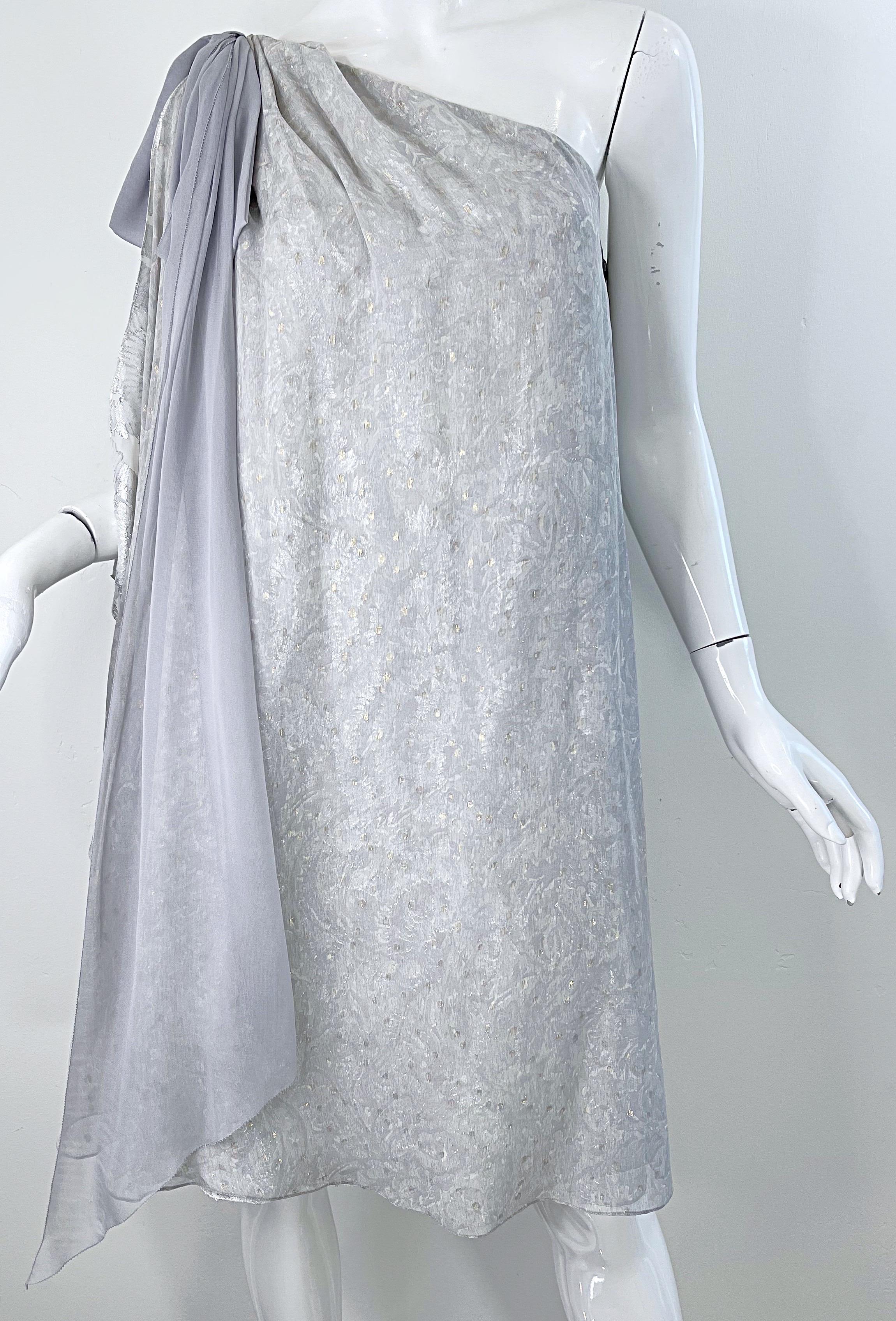 Peter Som Resort 2009 Silver Gold Grey Size 4 6 One Shoulder Silk Metallic Dress For Sale 9