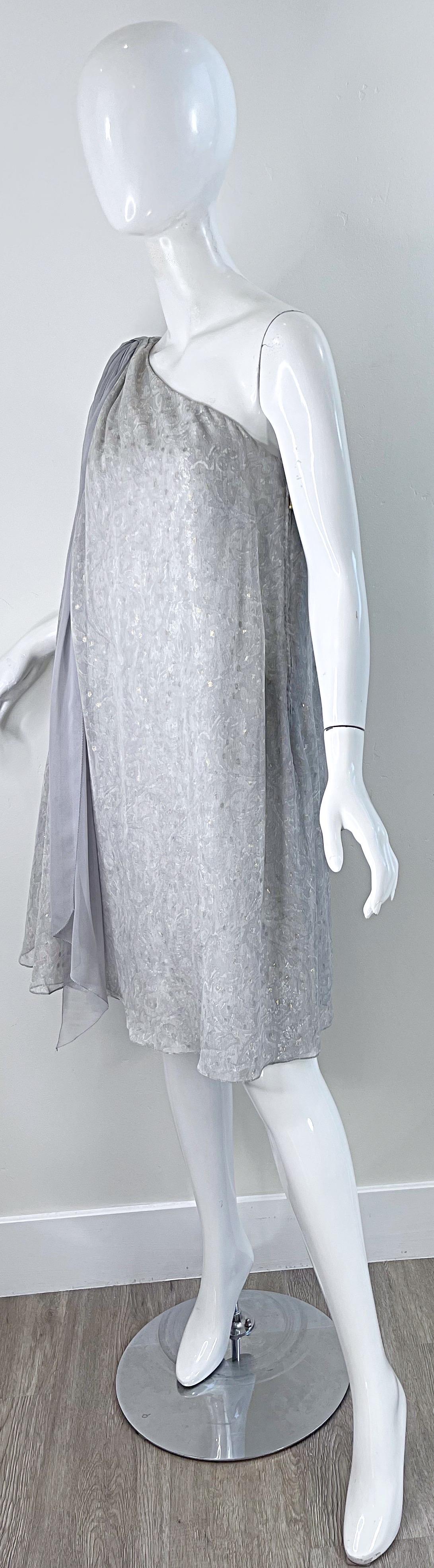 Peter Som Resort 2009 Silver Gold Grey Size 4 6 One Shoulder Silk Metallic Dress For Sale 10