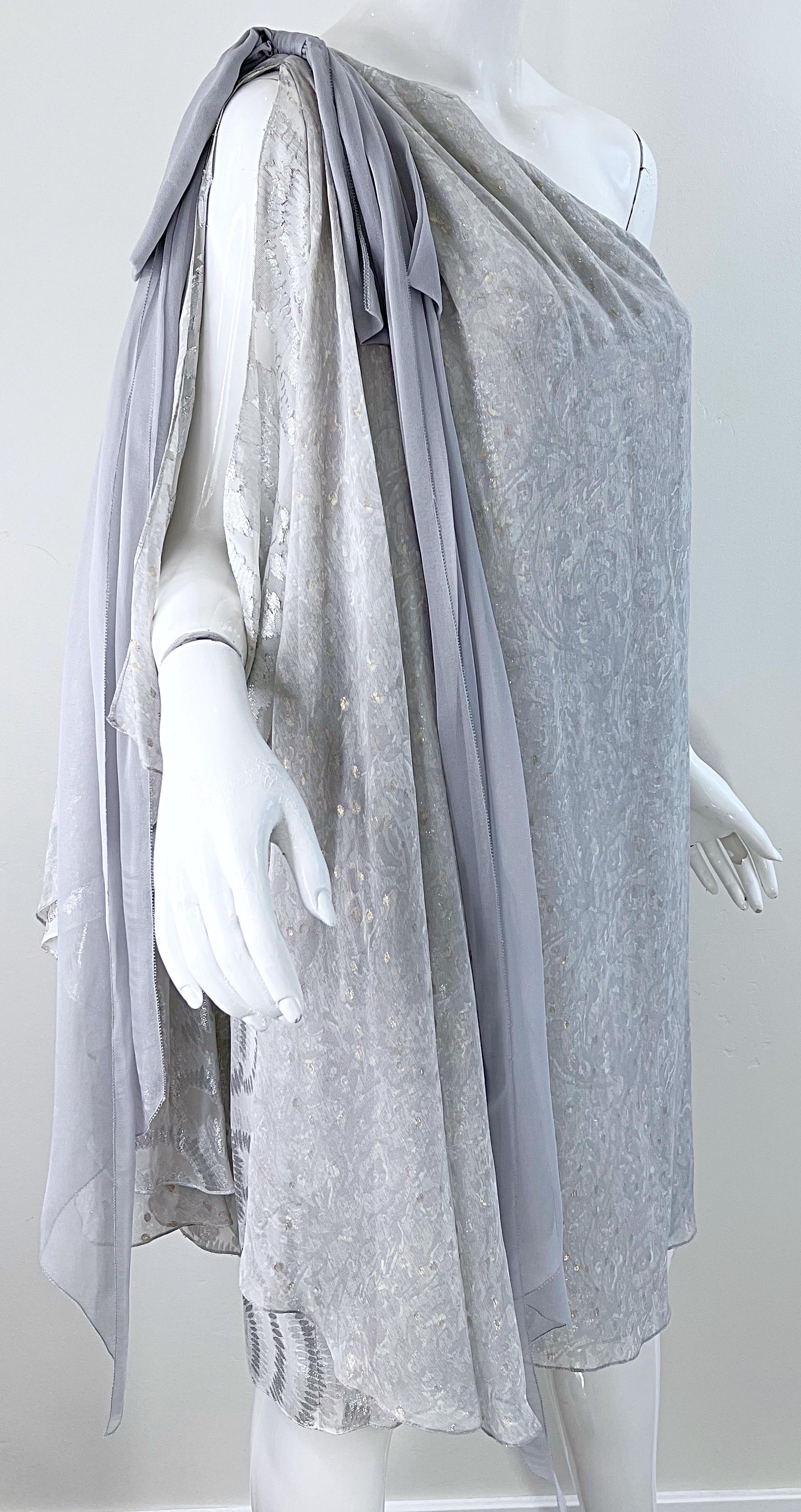 Peter Som Resort 2009 Silver Gold Grey Size 4 6 One Shoulder Silk Metallic Dress For Sale 12