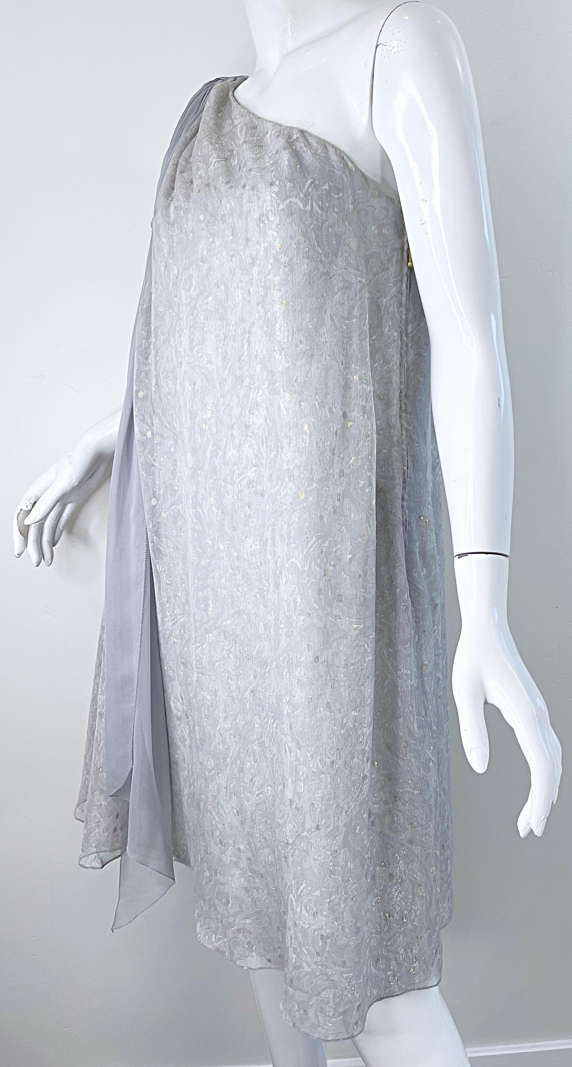 Peter Som Resort 2009 Silver Gold Grey Size 4 6 One Shoulder Silk Metallic Dress For Sale 4