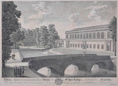 Antique Trinity College and John's College, Cambridge engraving by P S Lamborn