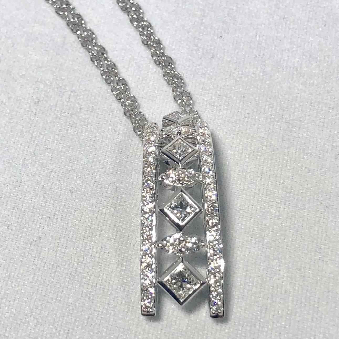 Princess Cut Peter Storm 18 Karat White Gold and Princess and Round Diamond Pendant Necklace