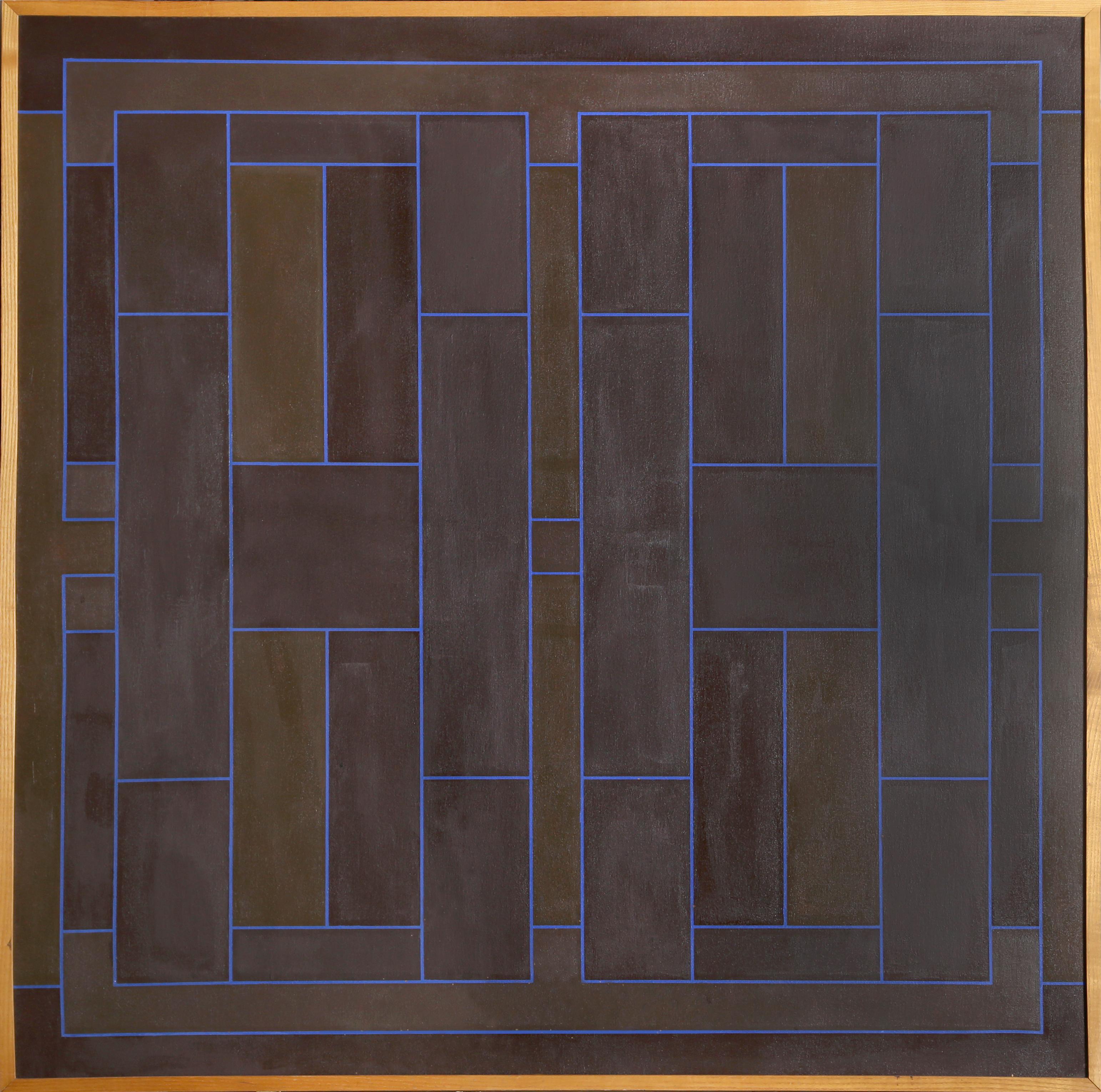 Artist: Peter Stroud, British (1921 - 2012)
Title: Blue on Brown Overlap
Year: 1971
Medium: Acrylic on Canvas, signed, dated and titled verso 
Size: 48 x 48 inches