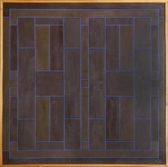Azul sobre marrón superpuesto, pintura abstracta geométrica de Peter Stroud