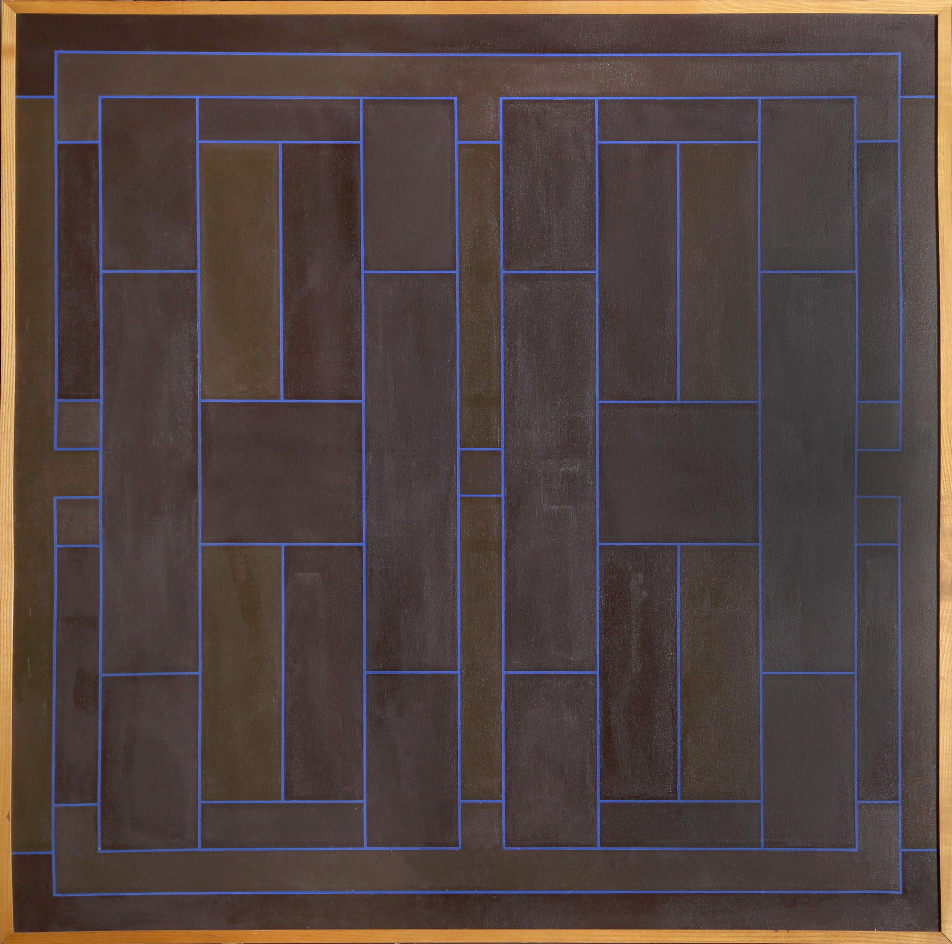 Sovrapposizione di blu e marrone, dipinto minimalista acrilico firmato da Peter Stroud