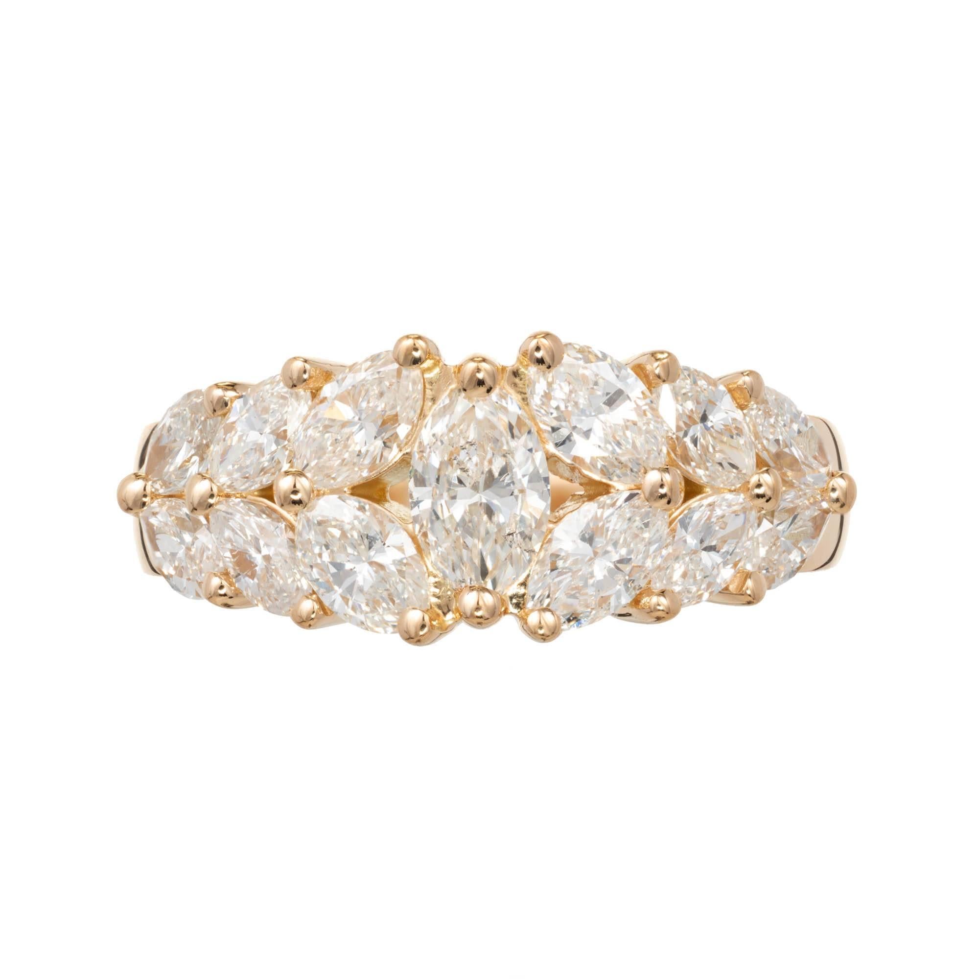 Peter Suchy handmade 1.00ct marquise diamond custom engagement ring or wedding band, in 18k yellow gold.

13 Marquise diamonds H to I approximate 1.00 carats
Size: 6 ¼ and sizable
18k Yellow Gold
Stamped: 18k
Tested: 18k
5.9 Grams
8.45mm wide at