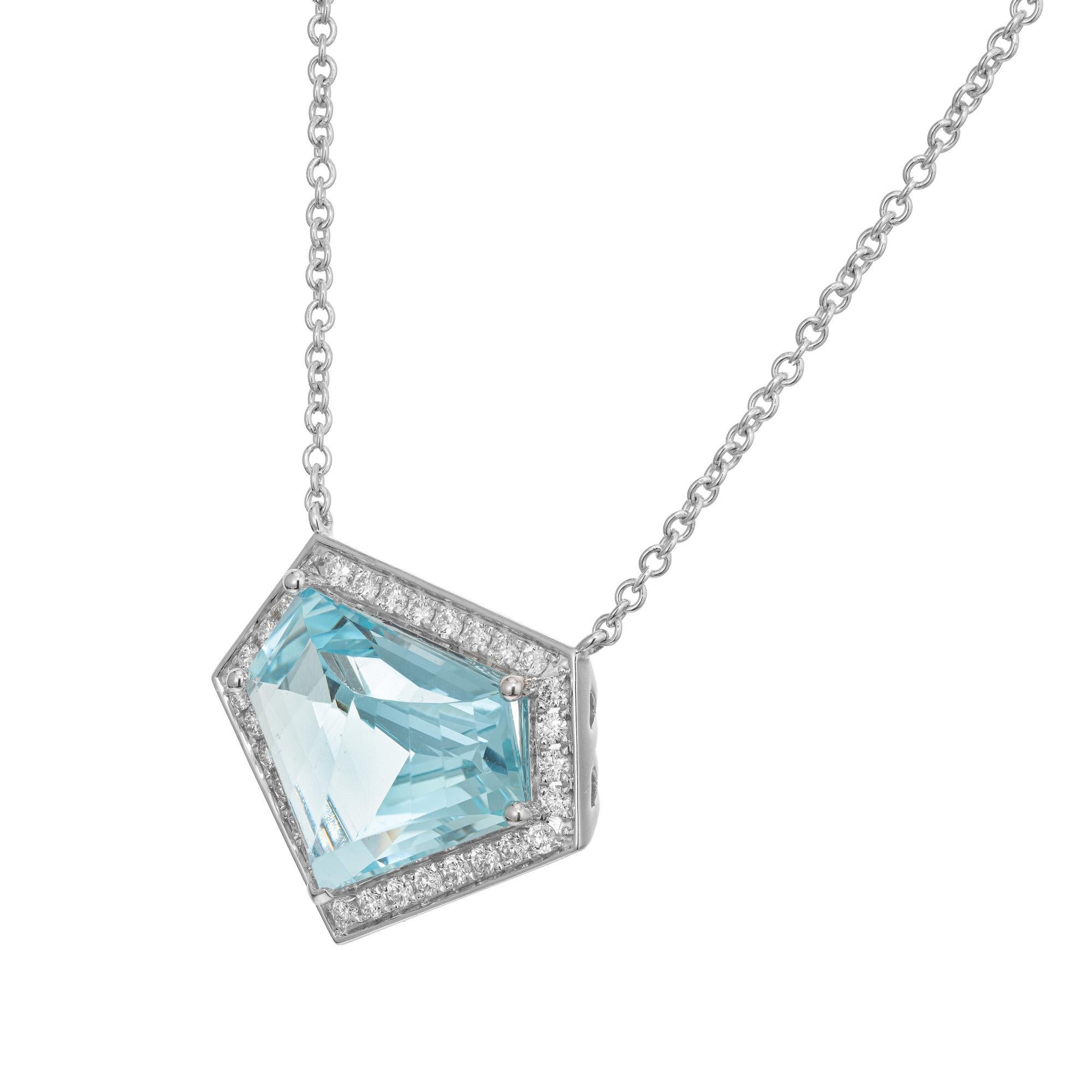 Round Cut Peter Suchy 10.04 Carat Aquamarine Diamond Halo White Gold Pendant Necklace For Sale
