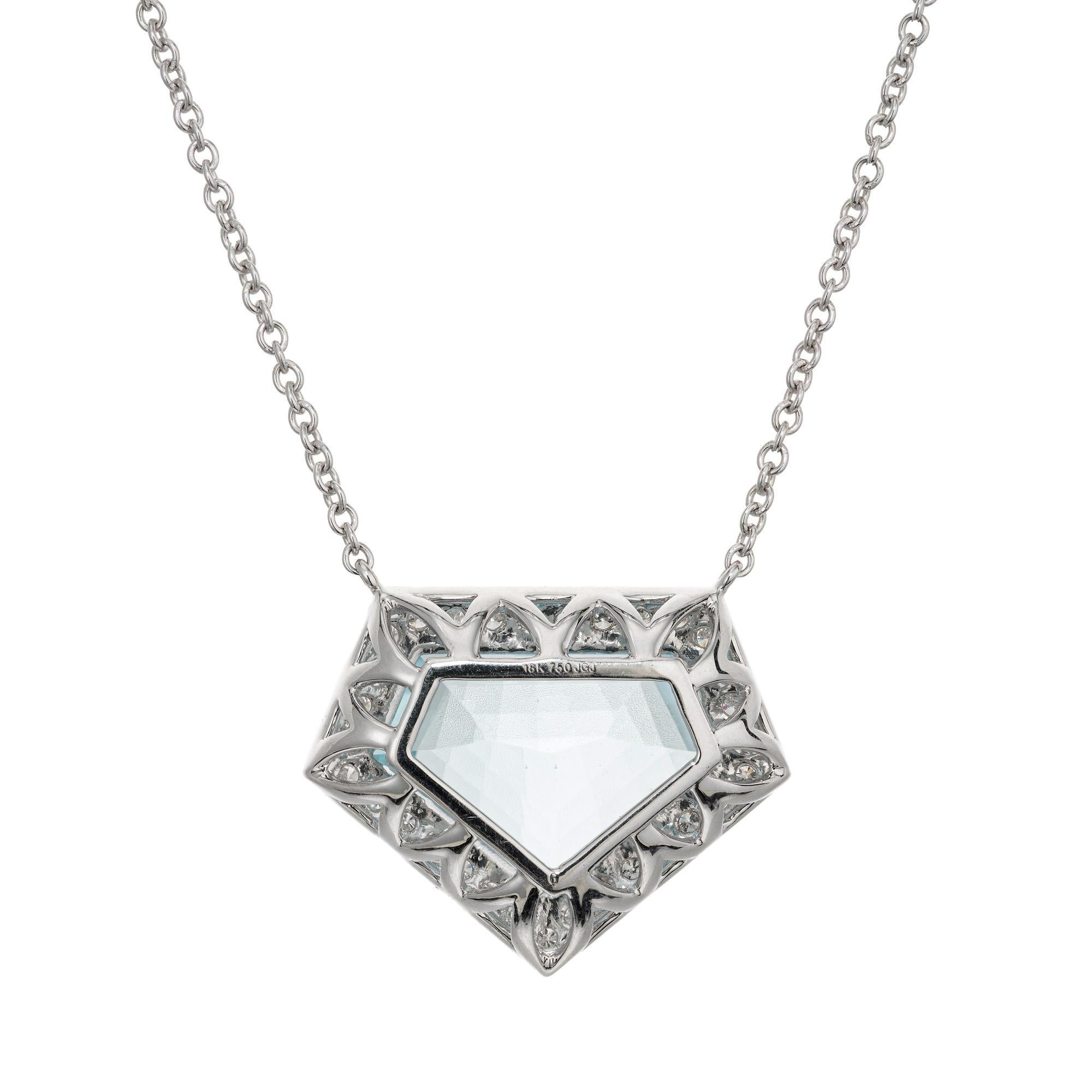 Women's Peter Suchy 10.04 Carat Aquamarine Diamond Halo White Gold Pendant Necklace For Sale