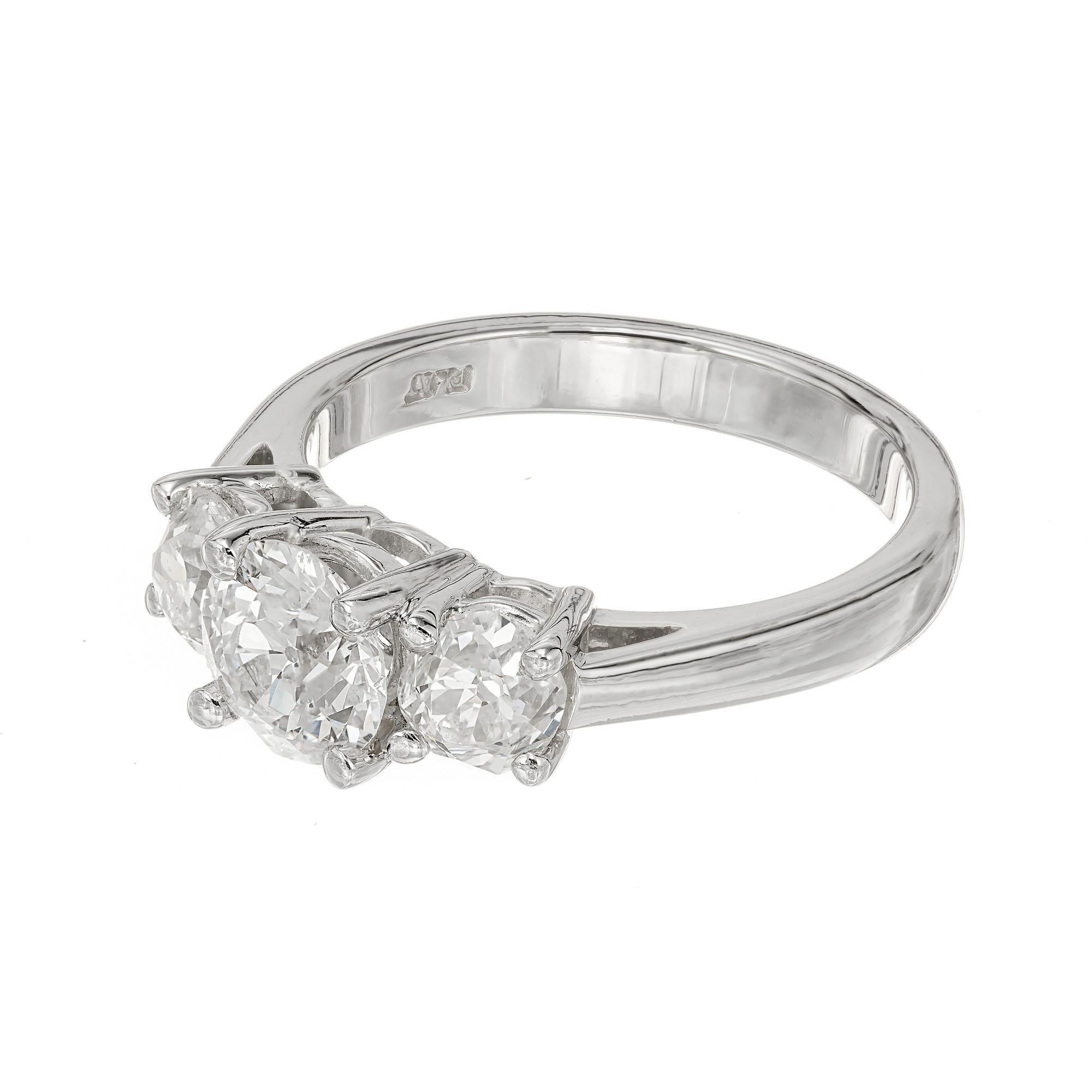 Old European Cut Peter Suchy 1.01 Carat Three-Stone Diamond Platinum Engagement Ring For Sale