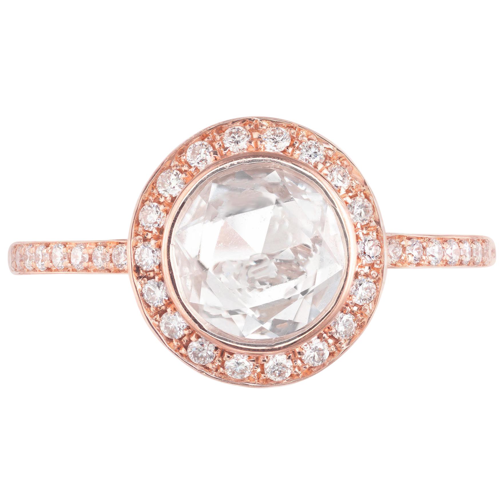 Bague de fiançailles Peter Suchy en or rose avec halo de diamants de 1,02 carat