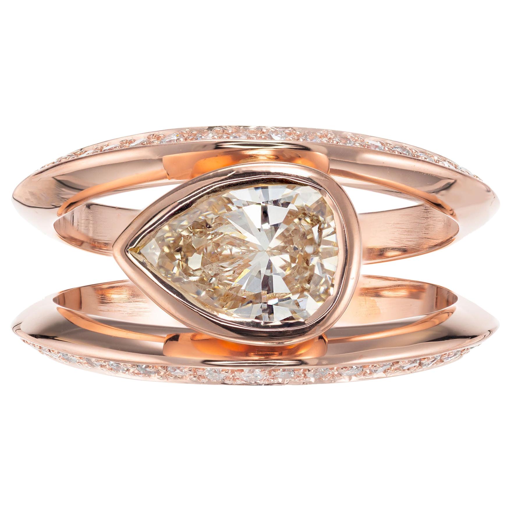 Peter Suchy 1.02 Carat Light Brown Pear Diamond Rose Gold Engagement Ring For Sale