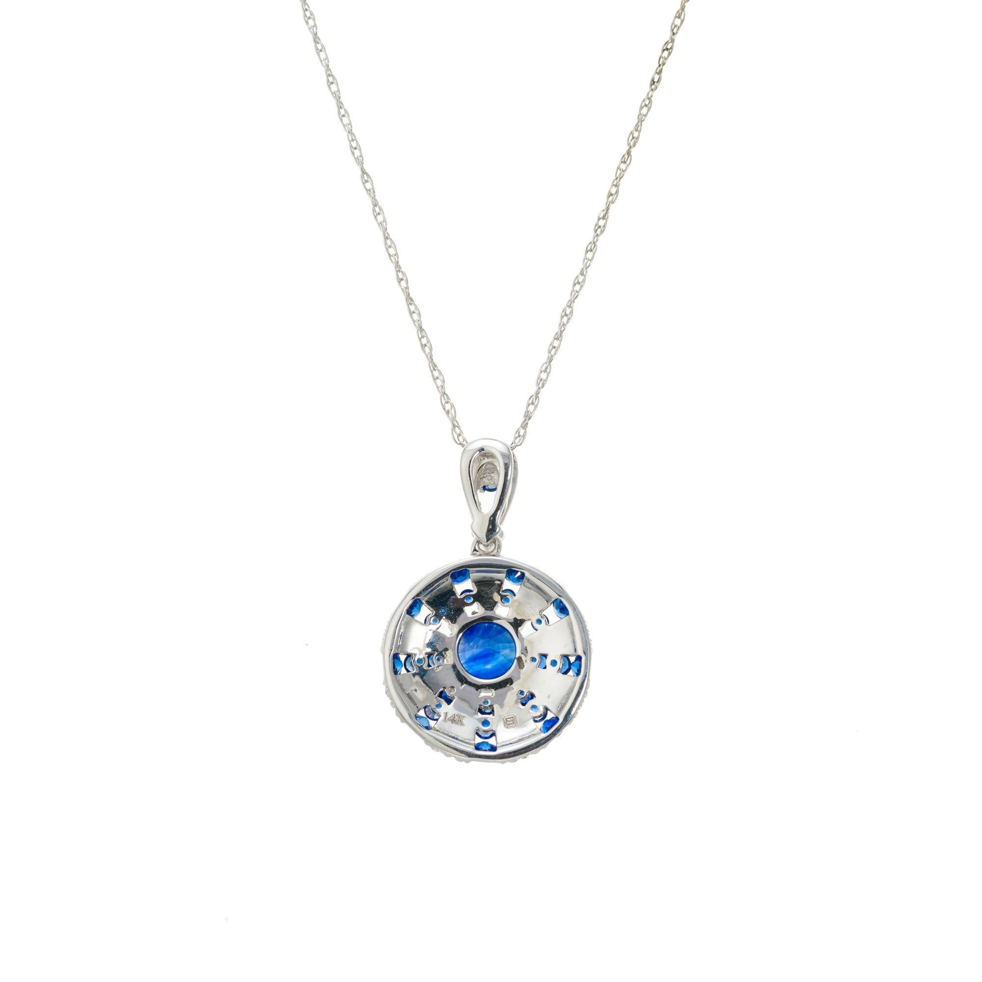 Round Cut Peter Suchy 1.05 Blue Sapphire Diamond White Gold Pendant Necklace For Sale