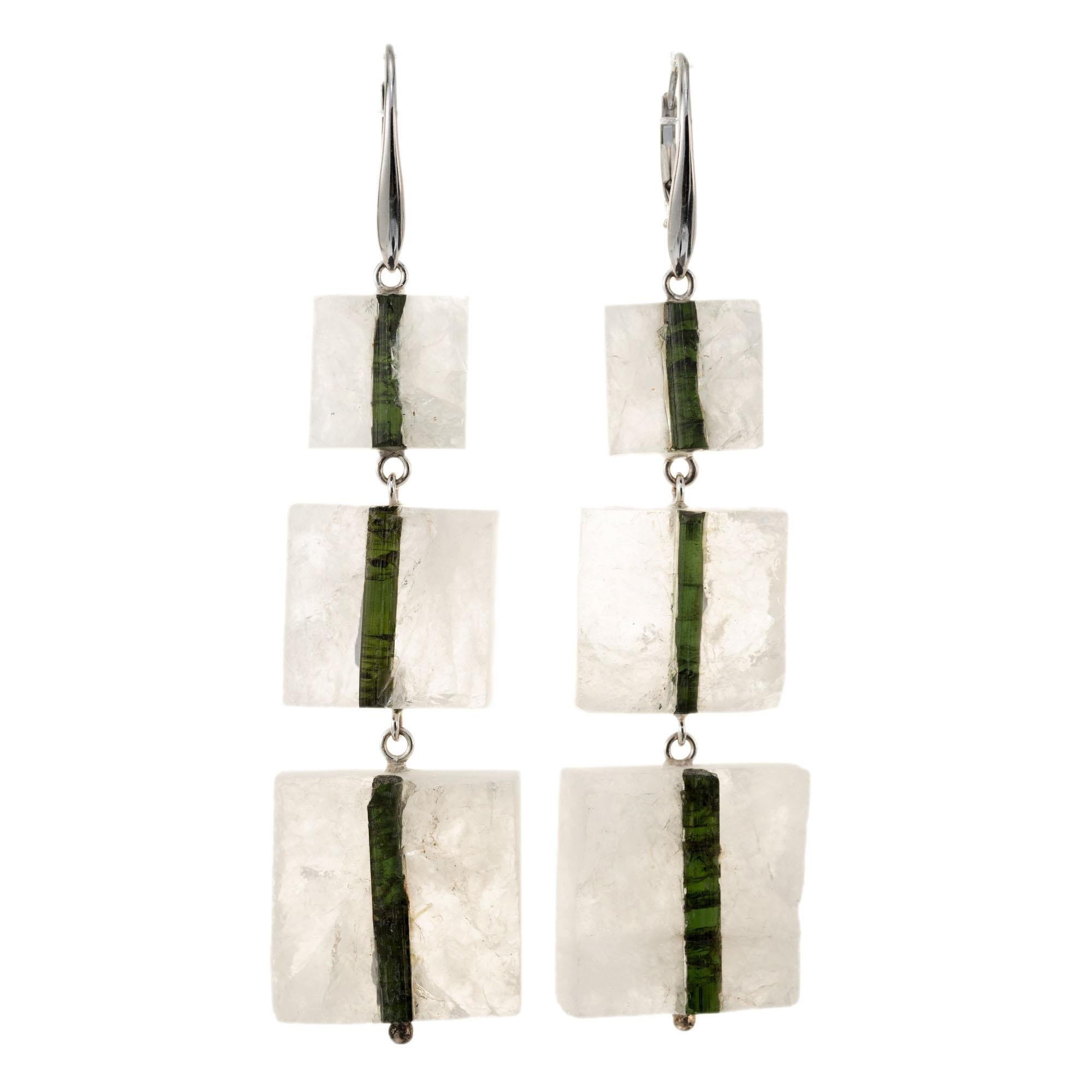 Women's Peter Suchy 105.6 Quartz Crystal Green Tourmaline White Gold Dangle Earrings For Sale