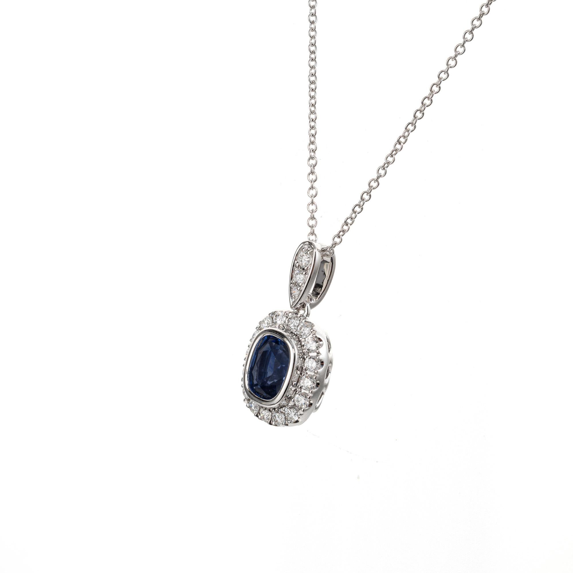 Cushion Cut Peter Suchy 1.08 Carat Blue Sapphire Diamond White Gold Pendant Necklace  For Sale