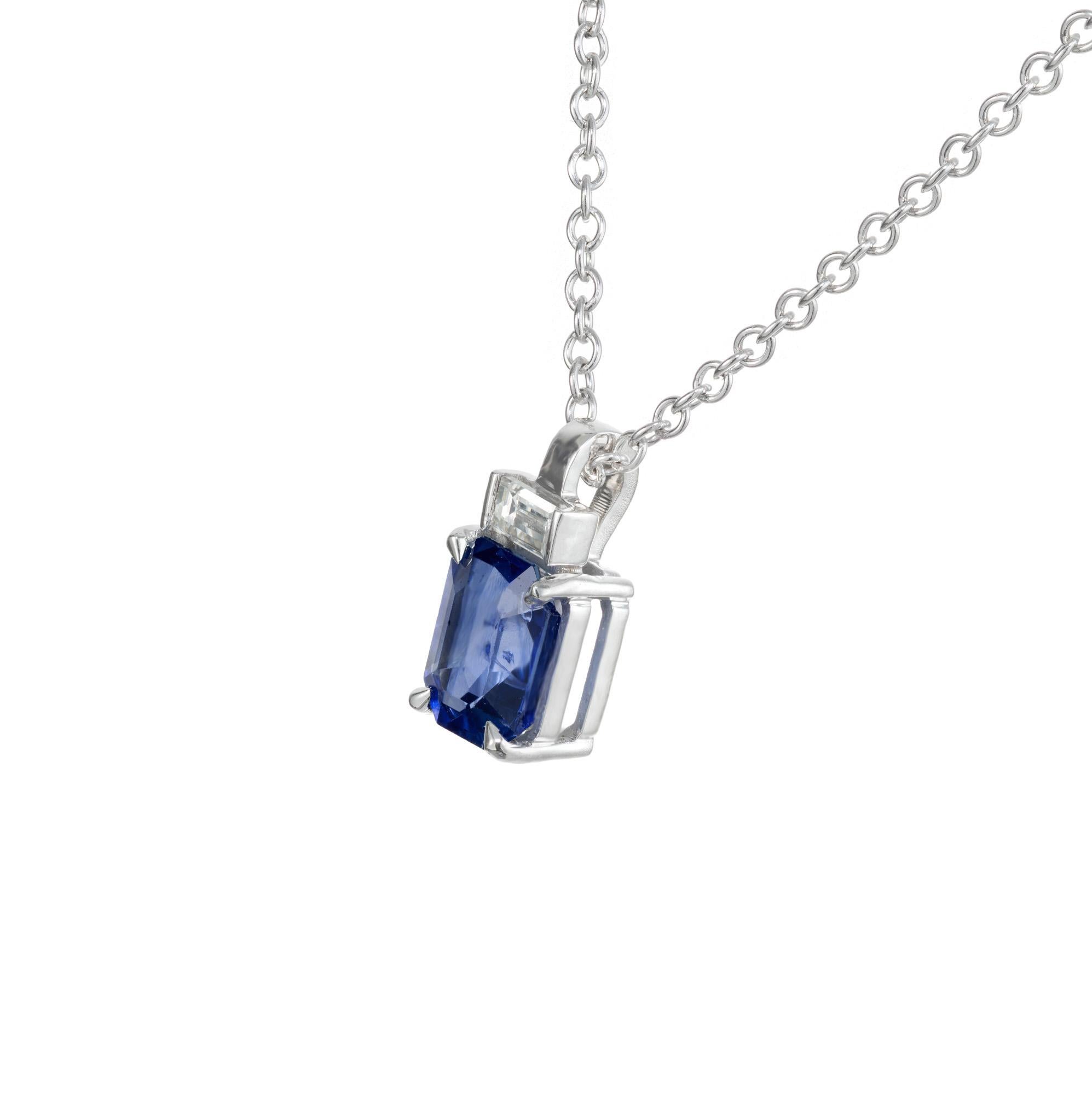 Sapphire and diamond pendant necklace. 1.09 Carat natural sapphire from a 1900's estate, AGL certified simple heat only set in 14k white gold with a baguette accent diamond. 16 inch 14k white gold chain. Designed and crafted in the Peter Suchy