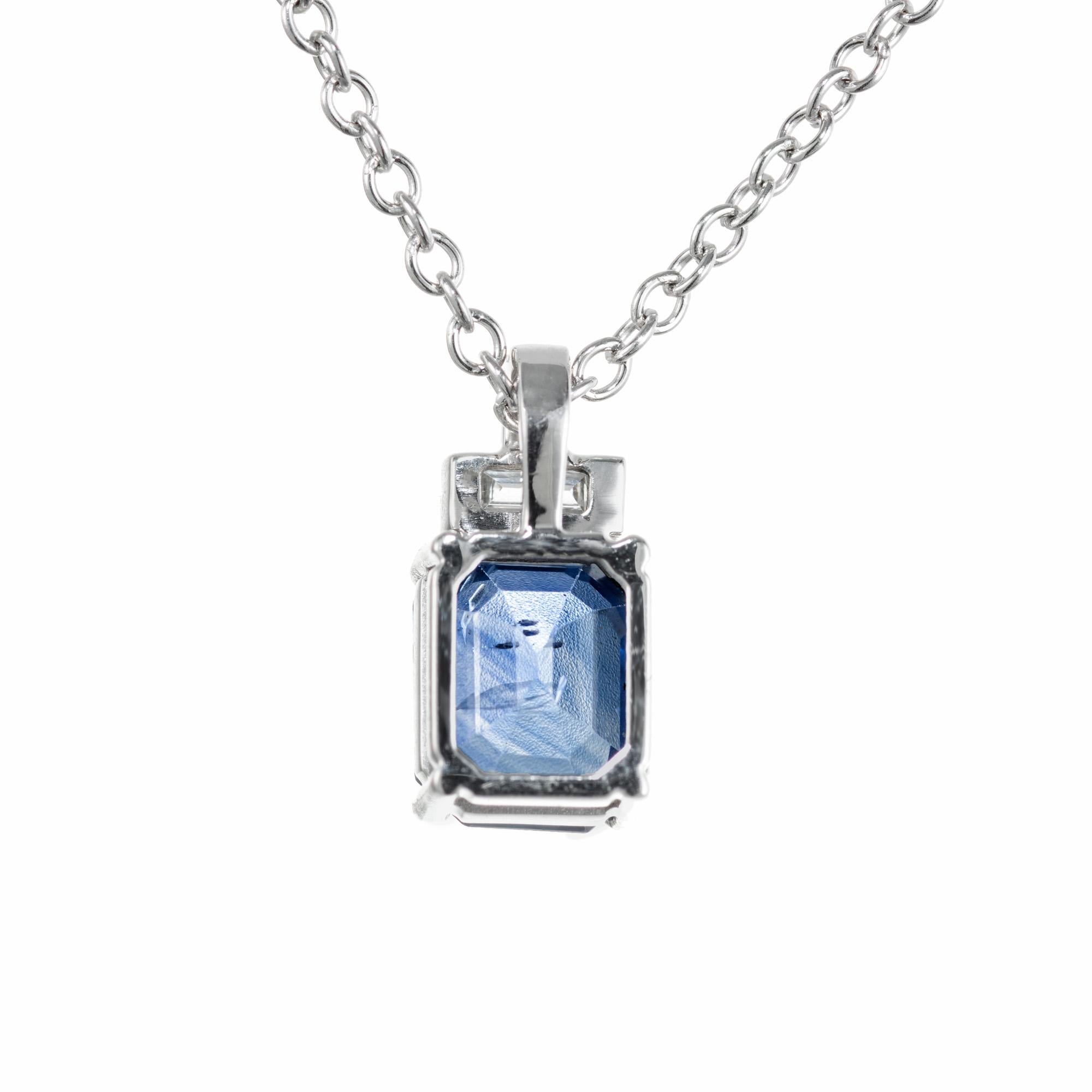 Baguette Cut Peter Suchy 1.09 Carat Blue Sapphire Diamond White Gold Pendant Necklace For Sale