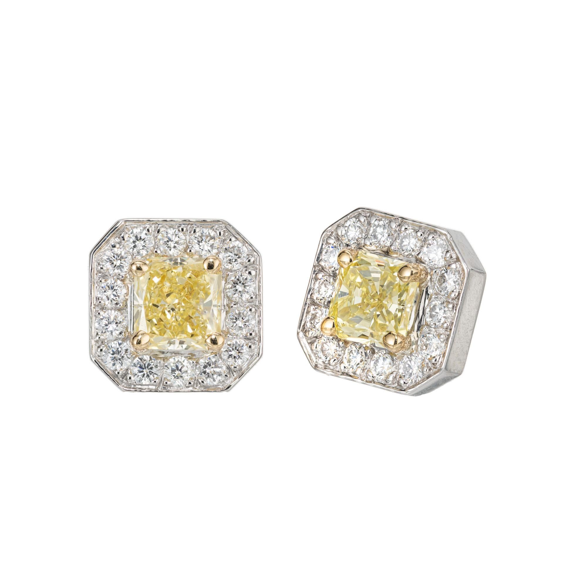 Octagon Cut Peter Suchy 1.10 Carat Natural Fancy Yellow Diamond White Gold Halo Earrings