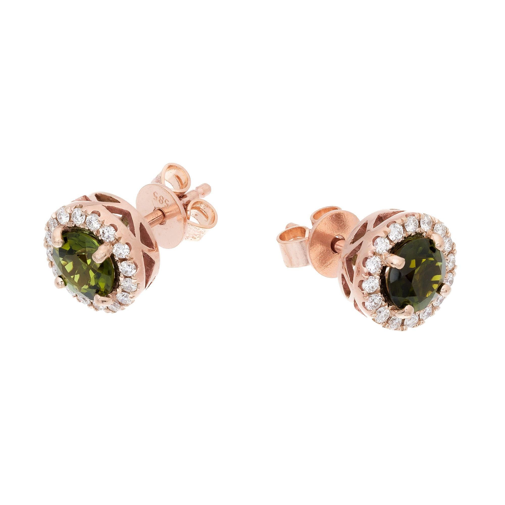 Round Cut Peter Suchy 1.11 Carat Tourmaline Diamond Rose Gold Halo Stud Earrings