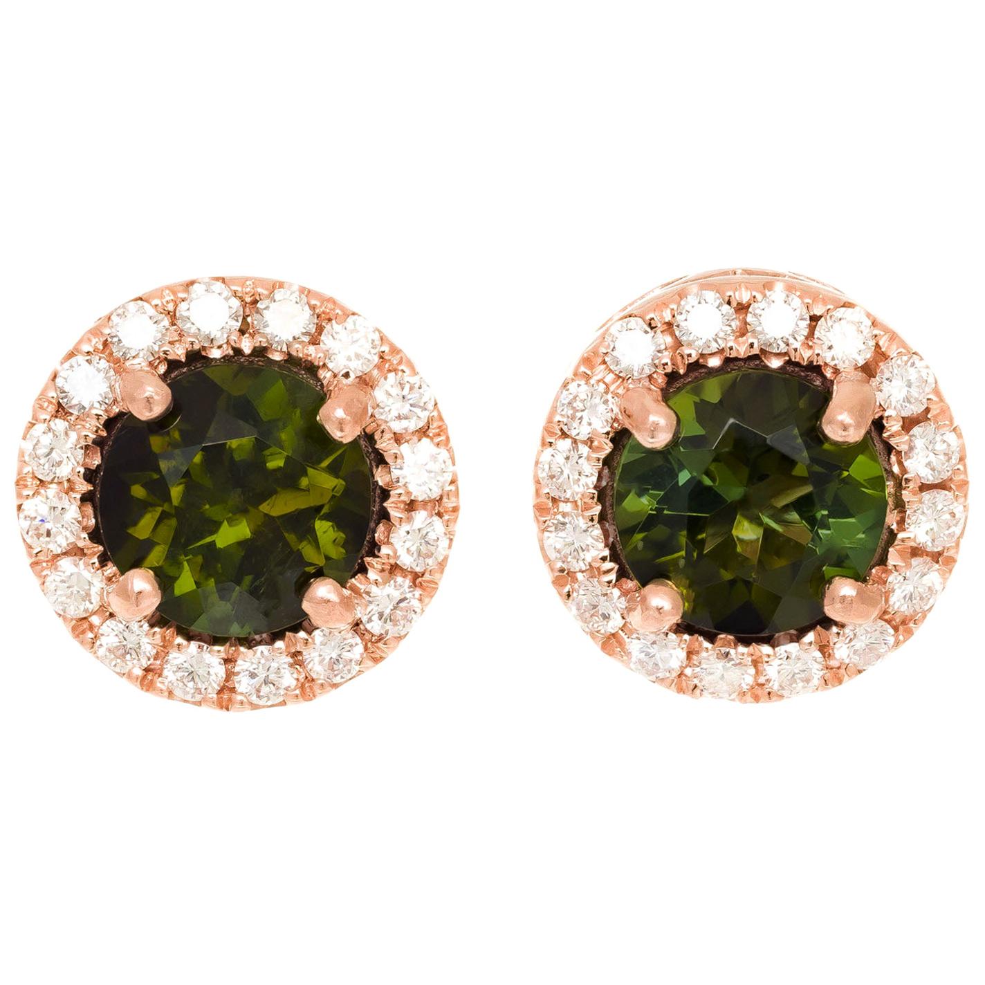 Peter Suchy 1.11 Carat Tourmaline Diamond Rose Gold Halo Stud Earrings