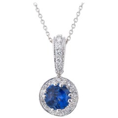 Peter Suchy 1.12 Carat Blue Sapphire Diamond Halo White Gold Pendant Necklace