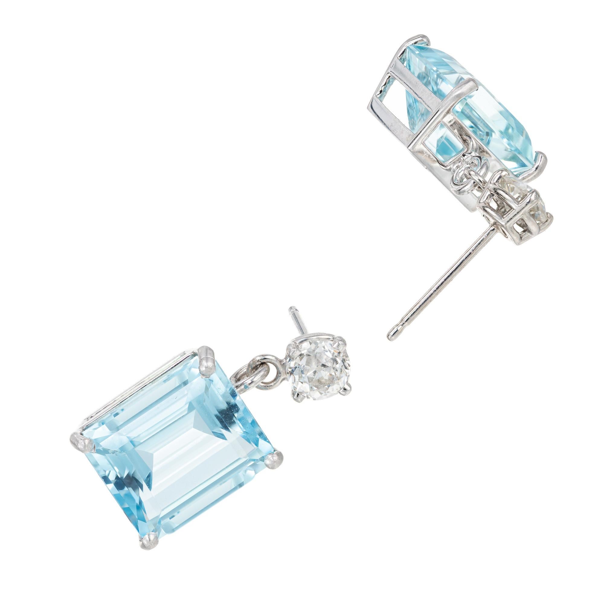Women's Peter Suchy 11.32 Carat Emerald Cut Aqua Diamond Platinum Dangle Earrings For Sale