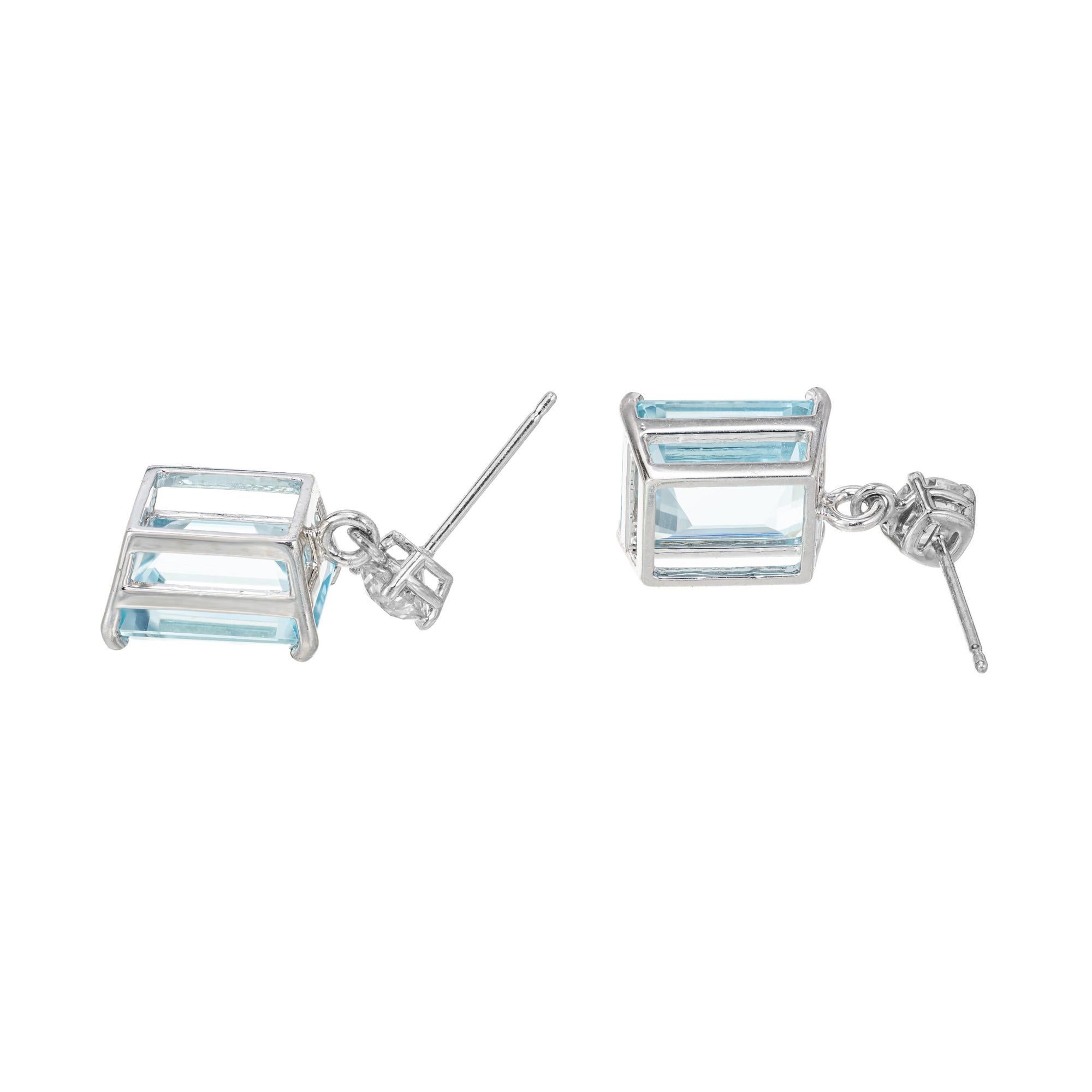 Peter Suchy 11.32 Carat Emerald Cut Aqua Diamond Platinum Dangle Earrings For Sale 1