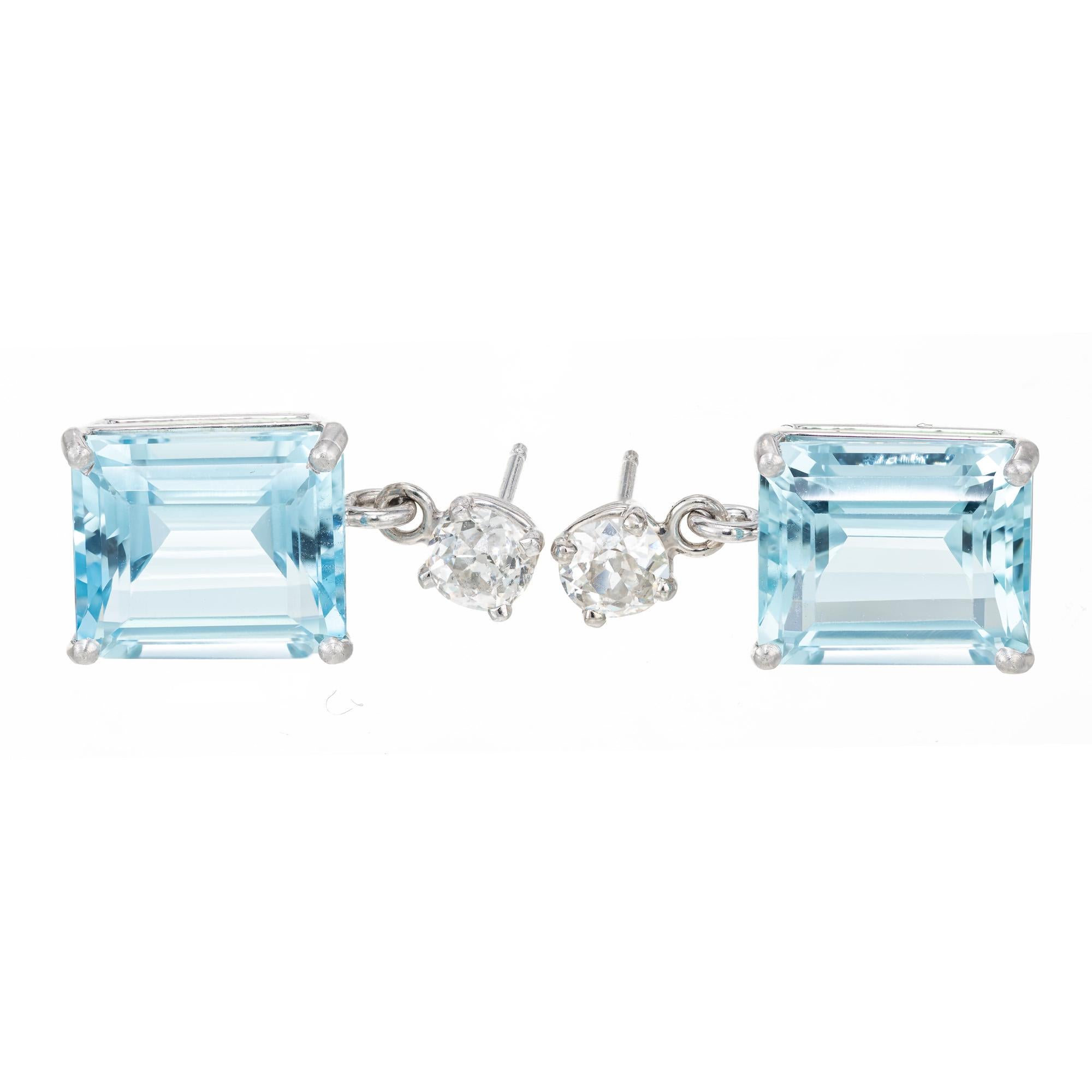 Peter Suchy 11.32 Carat Emerald Cut Aqua Diamond Platinum Dangle Earrings For Sale 2
