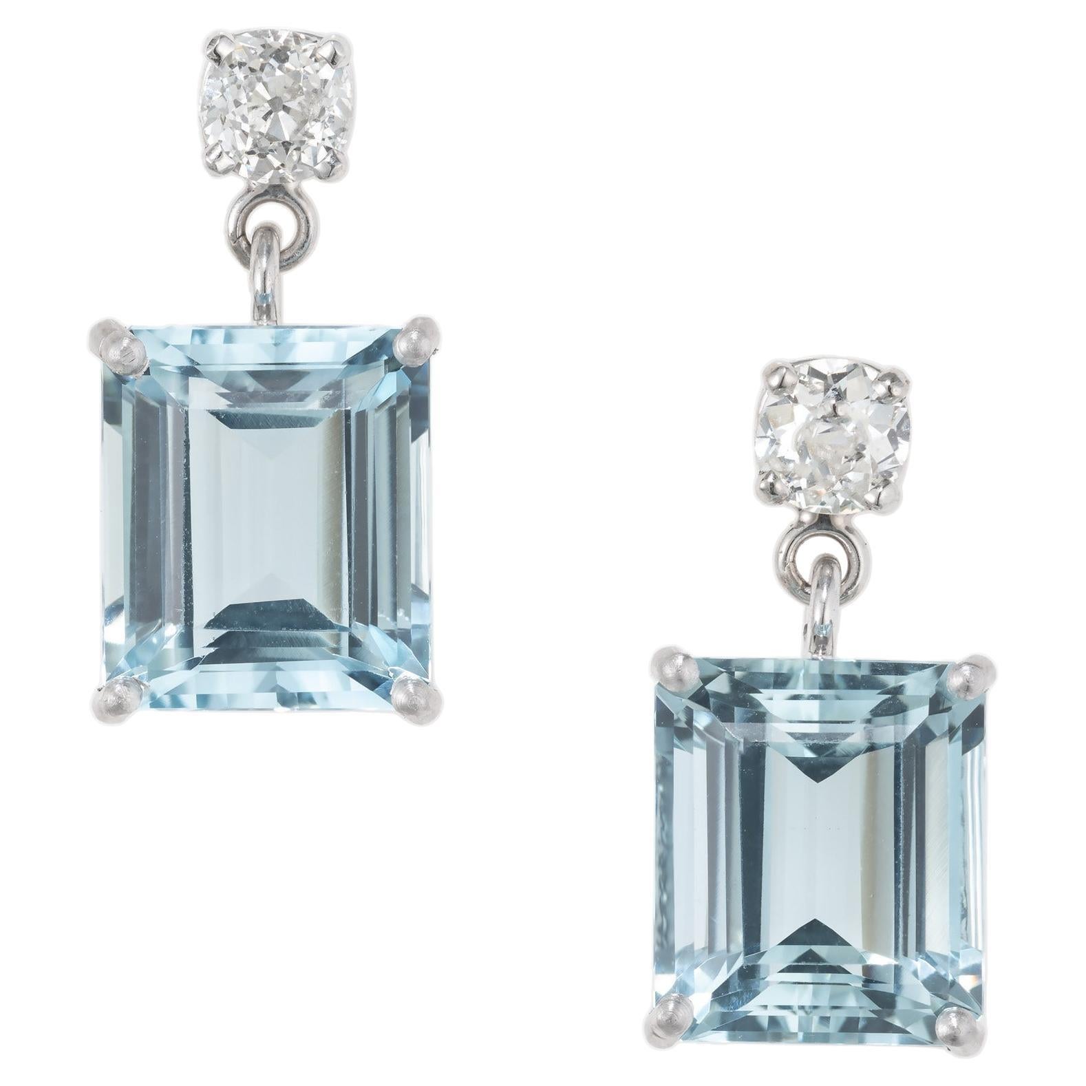 Peter Suchy 11.32 Carat Emerald Cut Aqua Diamond Platinum Dangle Earrings For Sale
