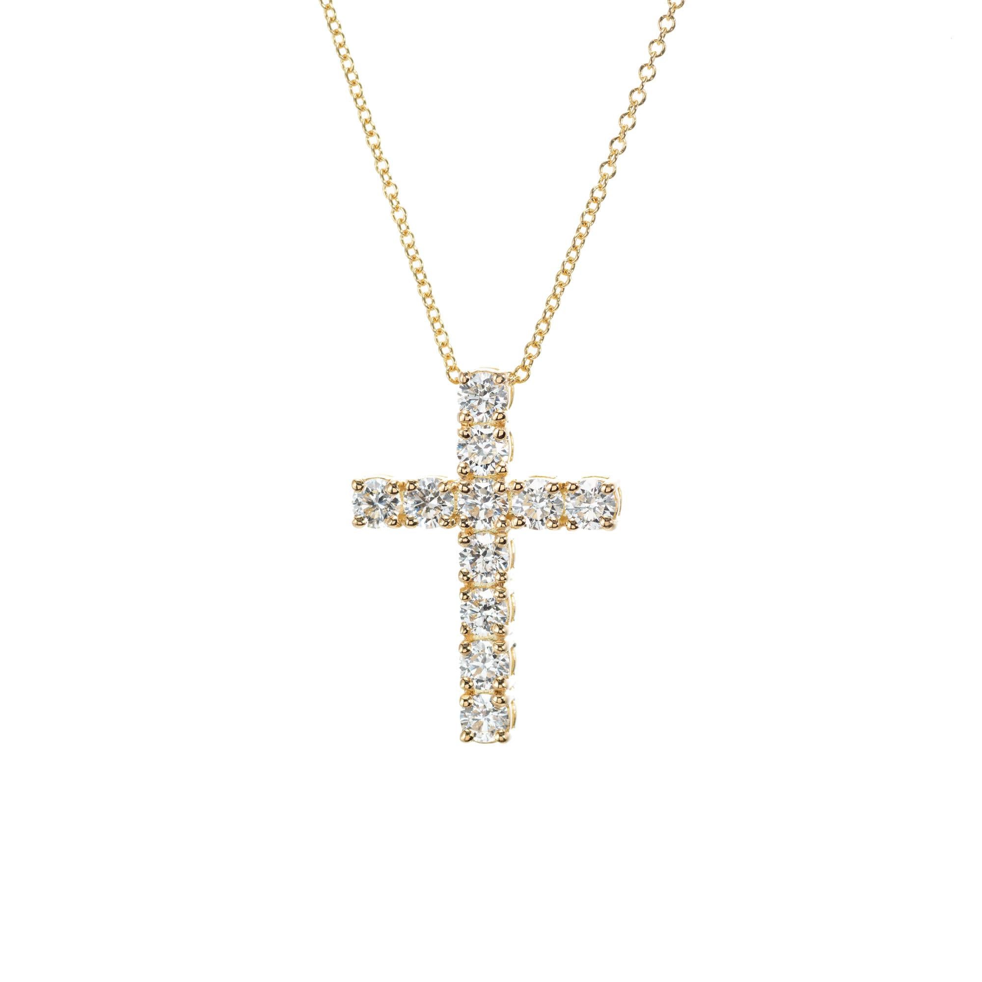 Round Cut Peter Suchy 1.15 Carat Diamond Yellow Gold Cross Pendant Necklace