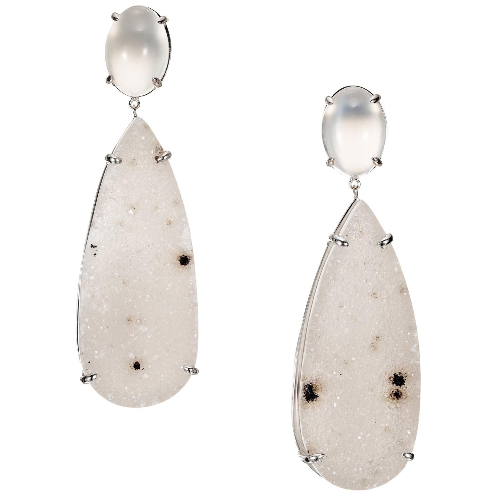 Peter Suchy 11.7 Carat Moonstone Quartz White Gold Dangle Drop Earrings